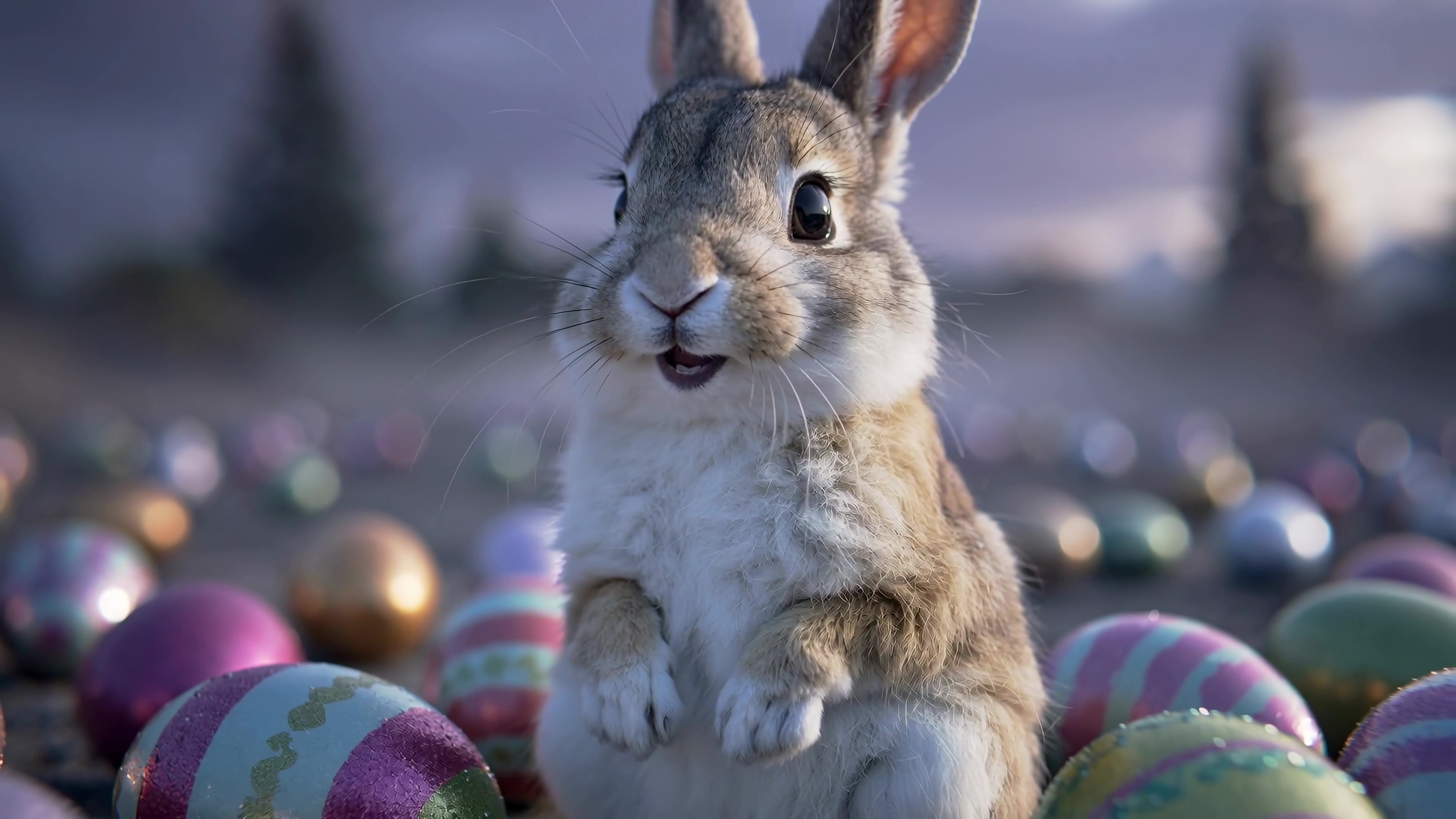 Rabbit sits among colorful eggs during an outdoor spring event at dusk