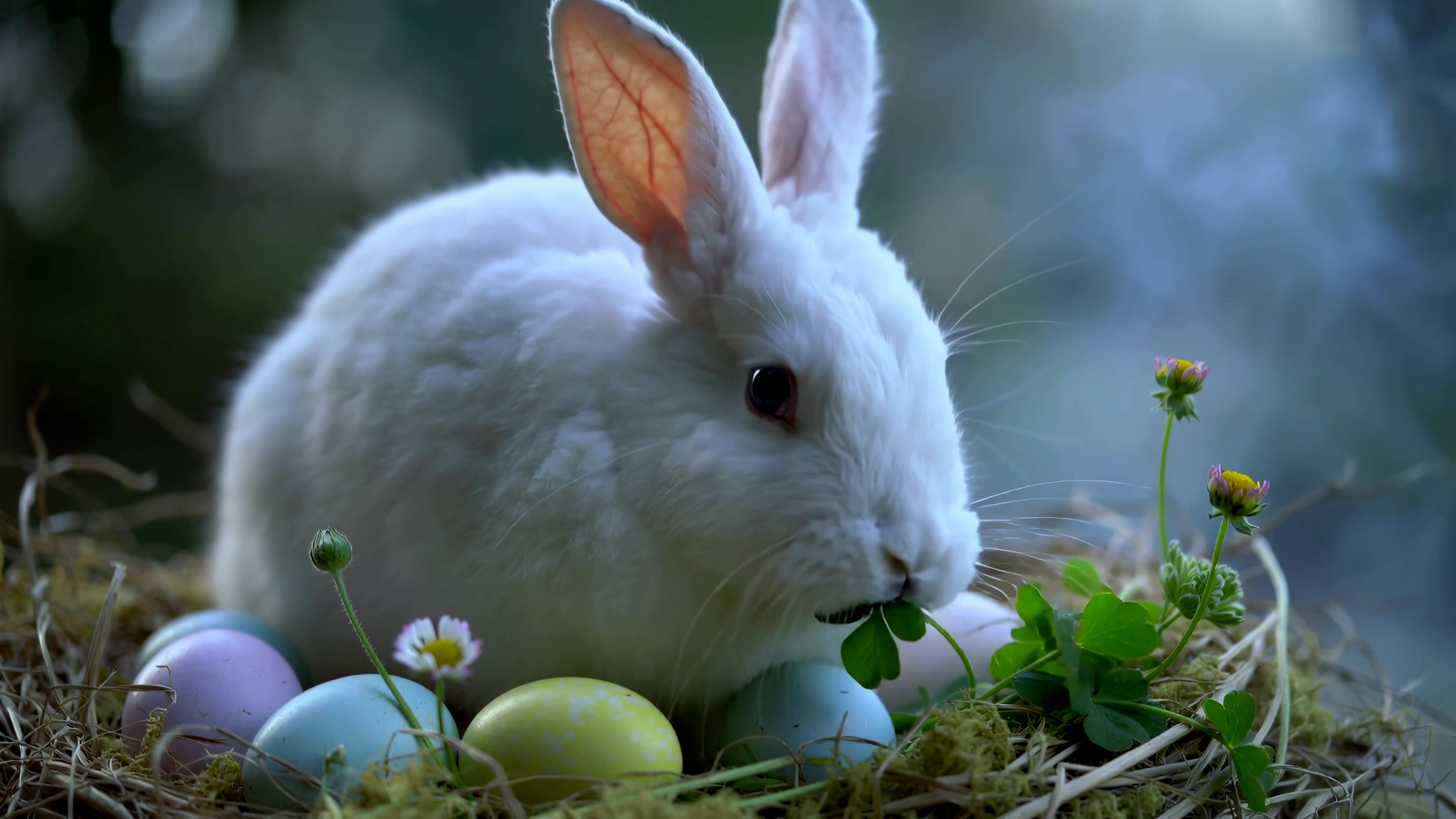White rabbit eating grass near colorful eggs in a nest during springtime in a forested area