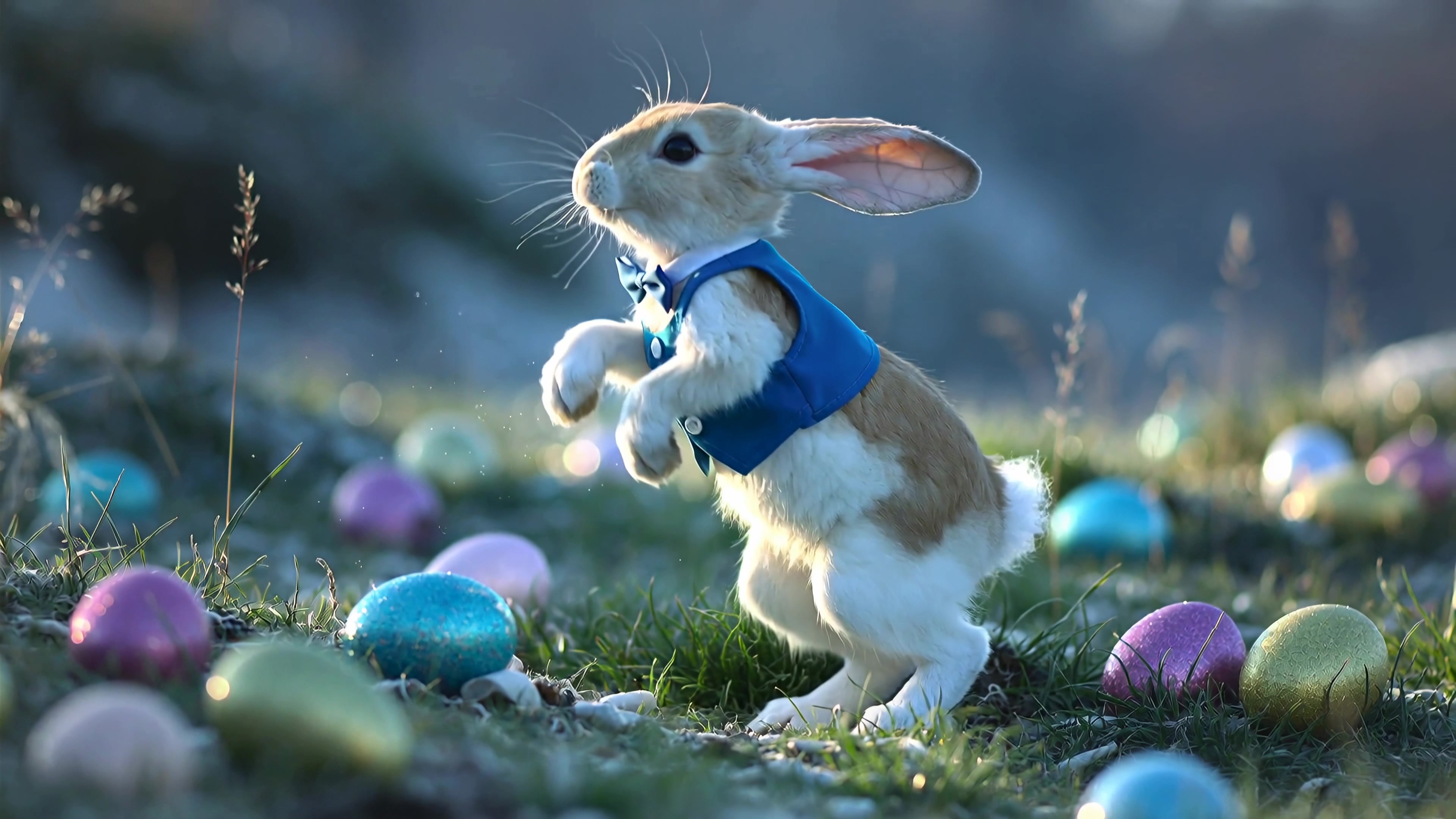 Rabbit hops among colorful Easter eggs in a sunny field during springtime