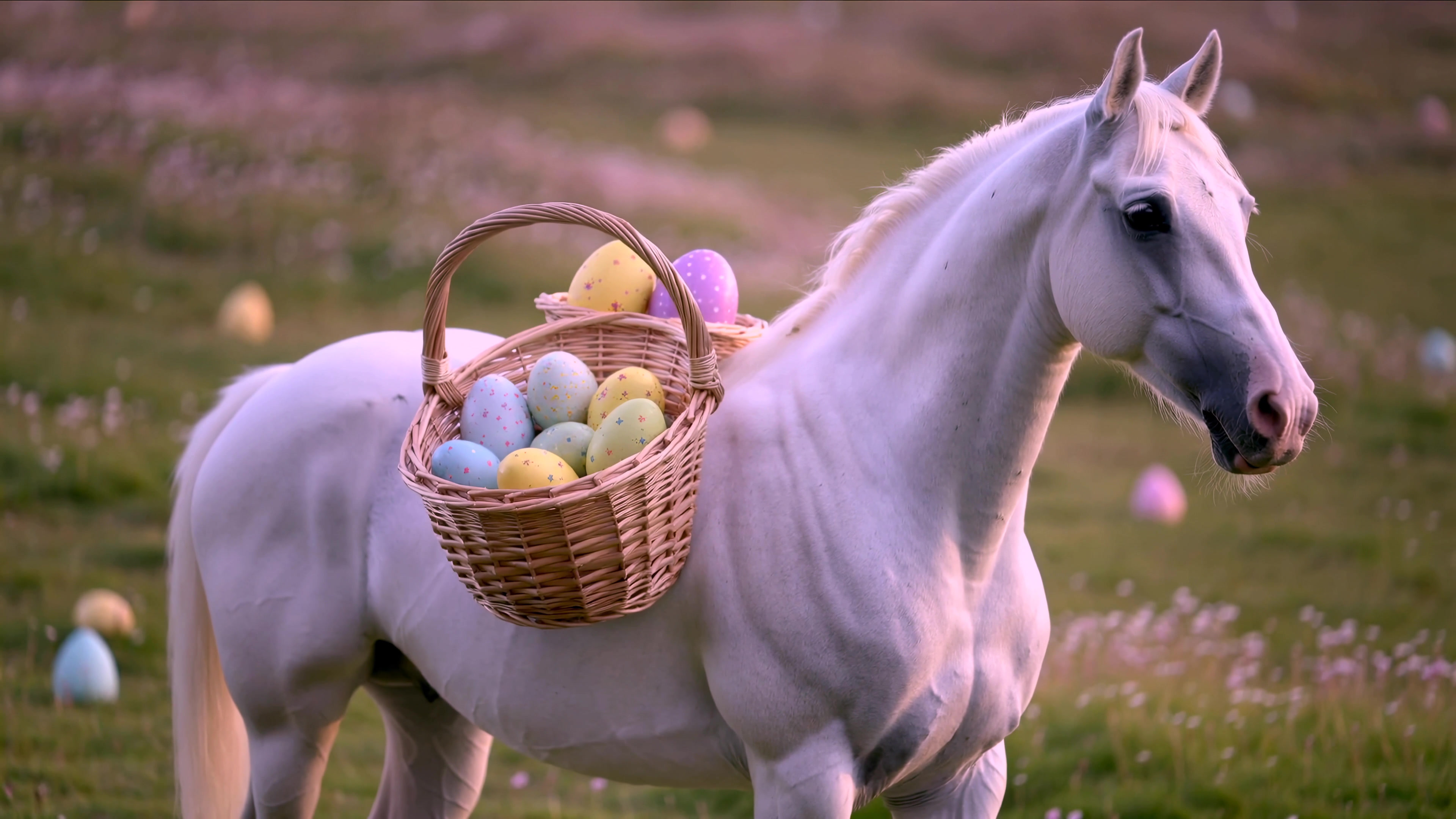 White horse carries a basket of colorful eggs across a grassy field with hidden eggs in the background