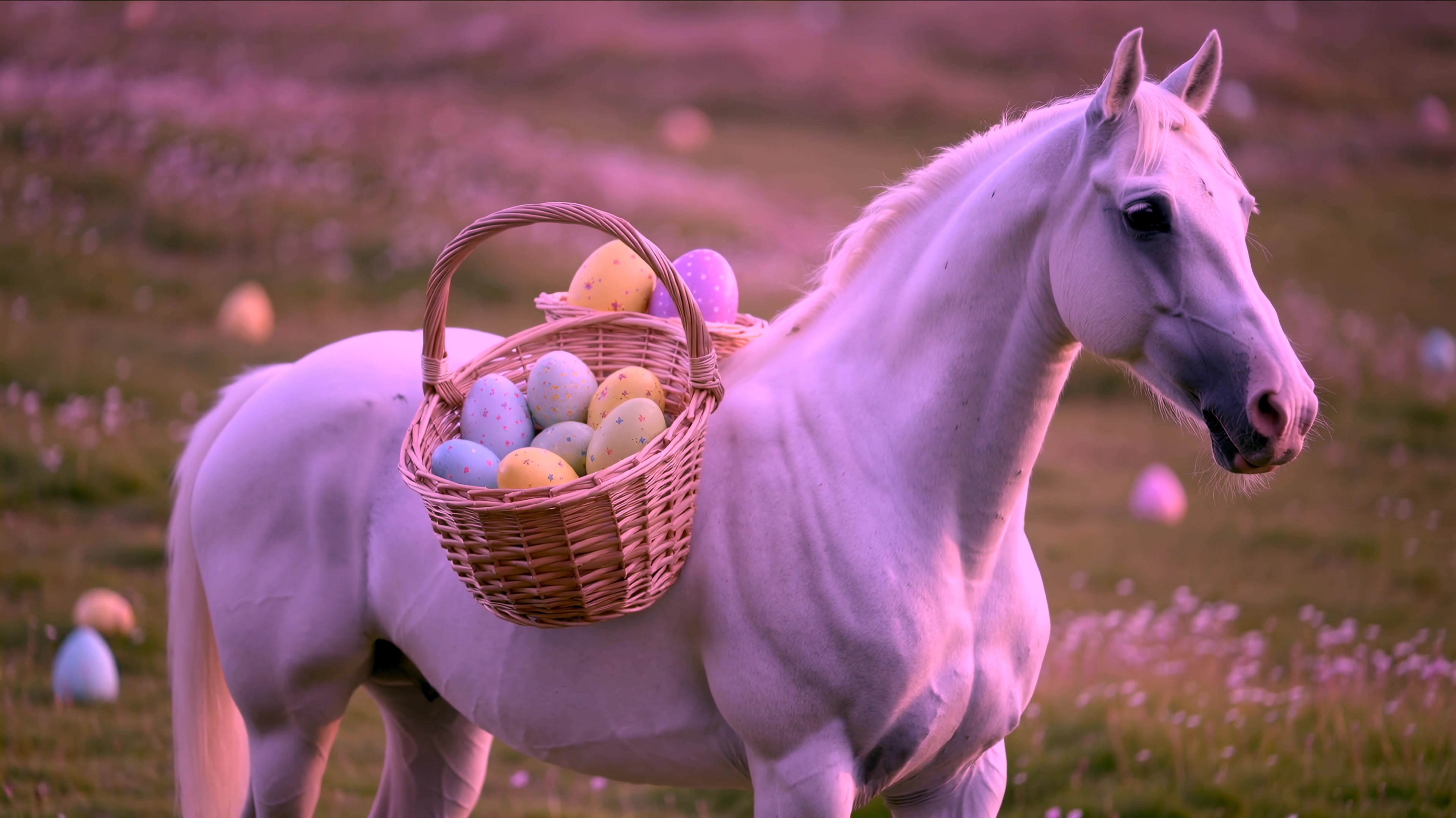 White horse carries basket of colored eggs in a grassy field during daylight hours