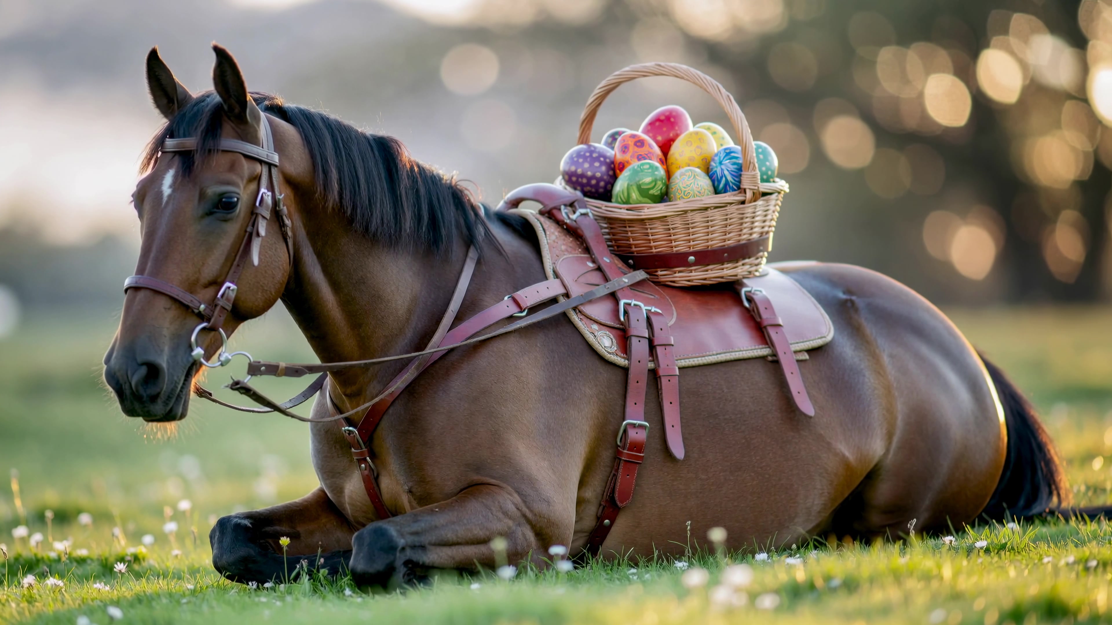 Horse sitting in a field with a basket of colorful eggs on its back during a sunny day