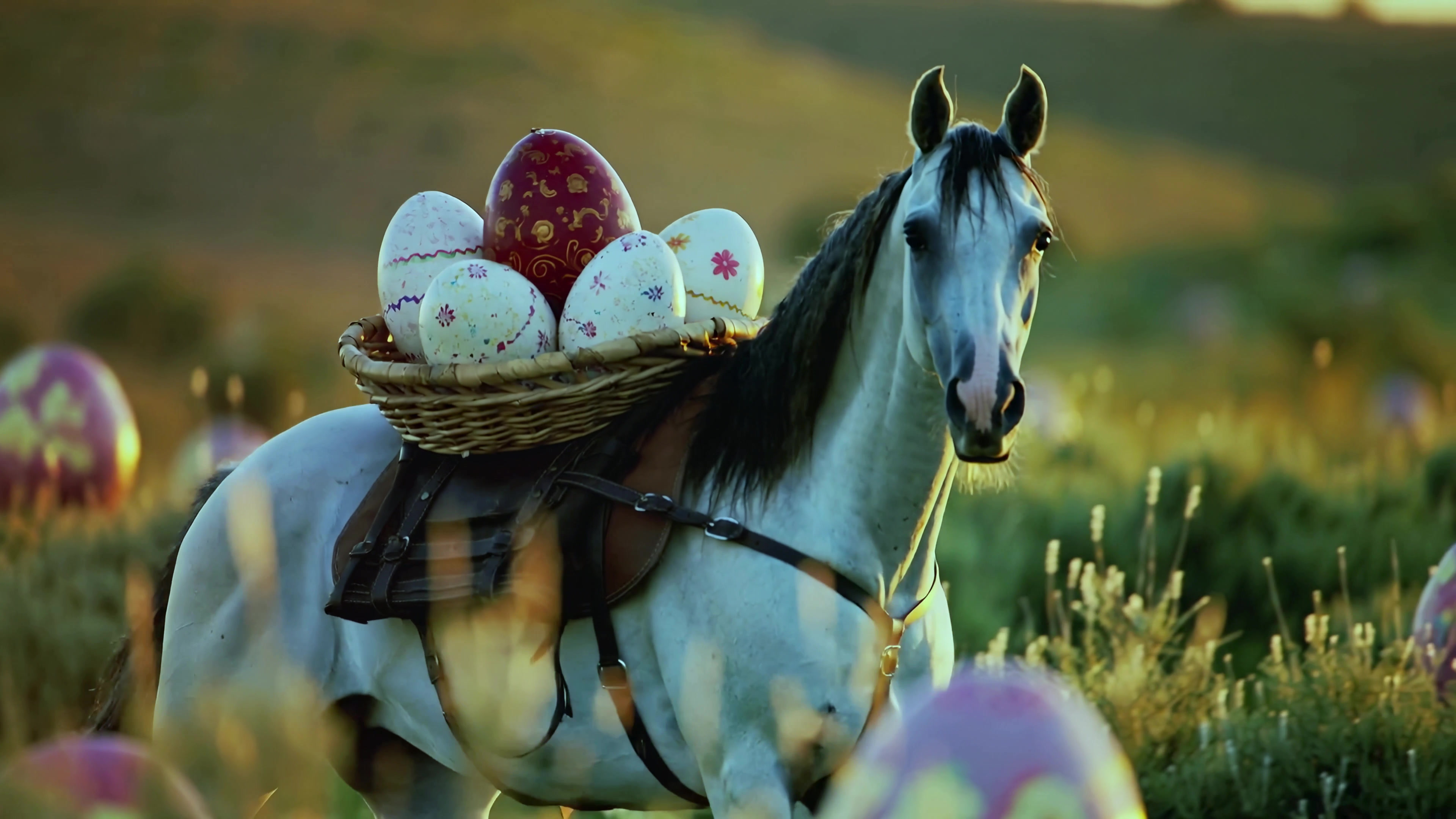 Horse carries basket of decorated eggs in a field during springtime near a mountain range at sunset