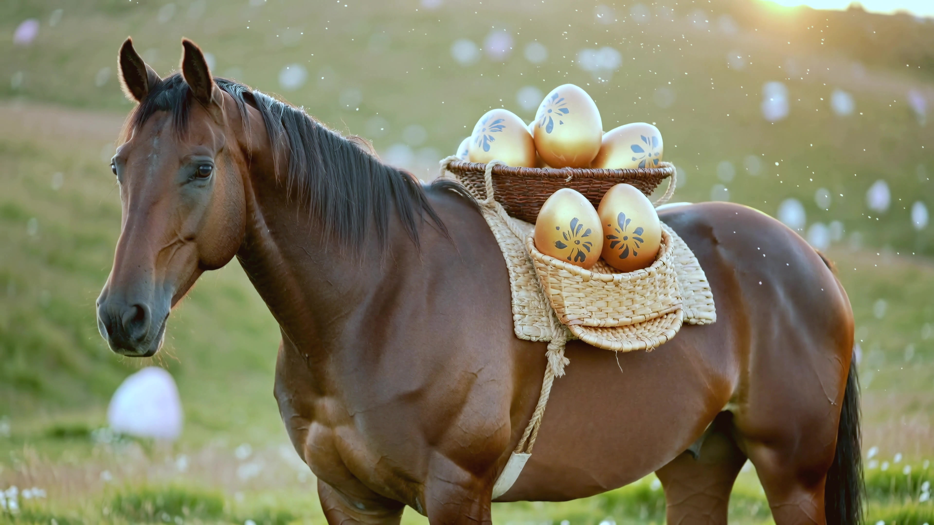 Horse carries basket of decorated eggs across green field during sunset in springtime