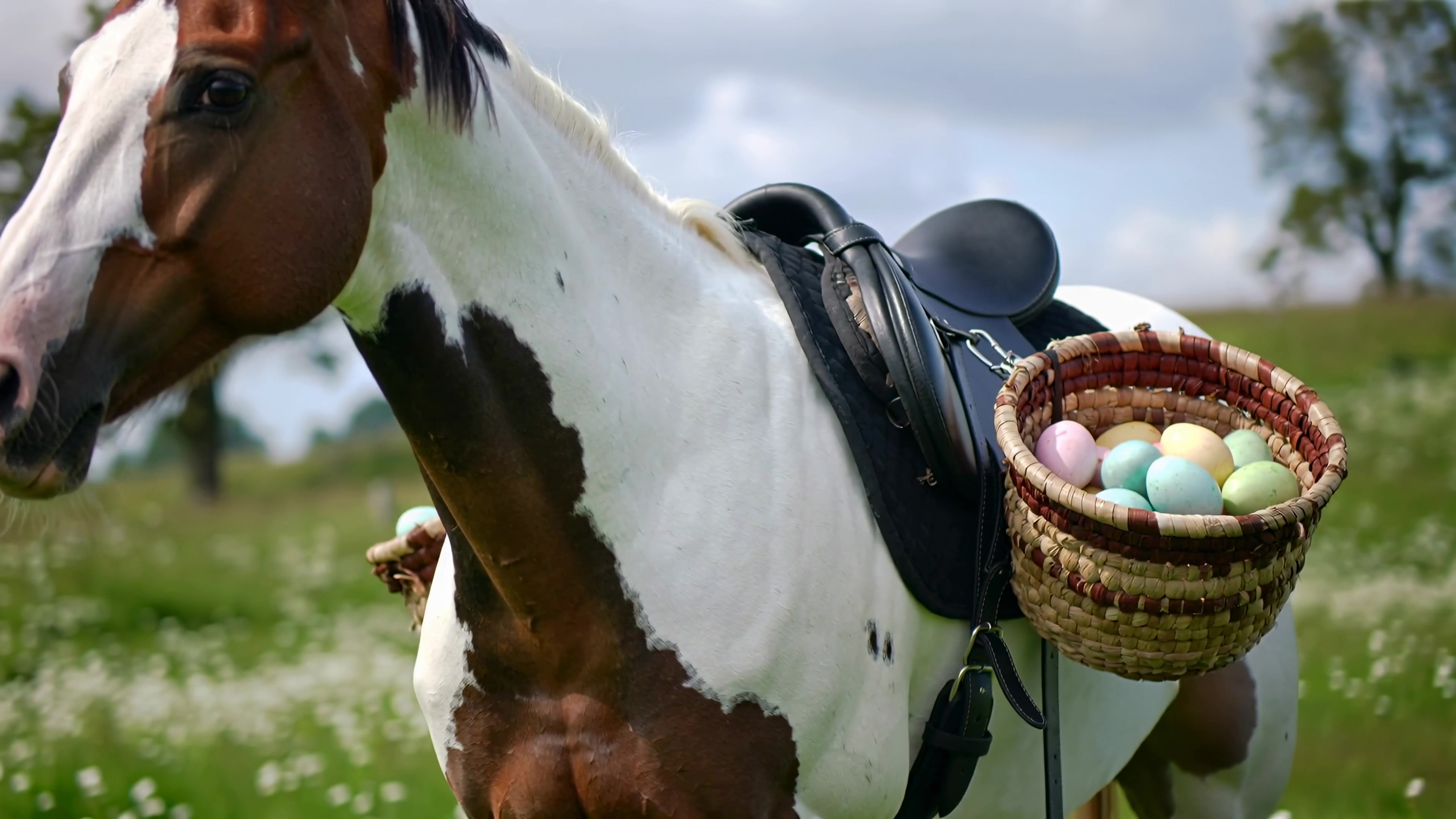 Horse carries baskets of colorful eggs during a spring event in a green field with trees in the background