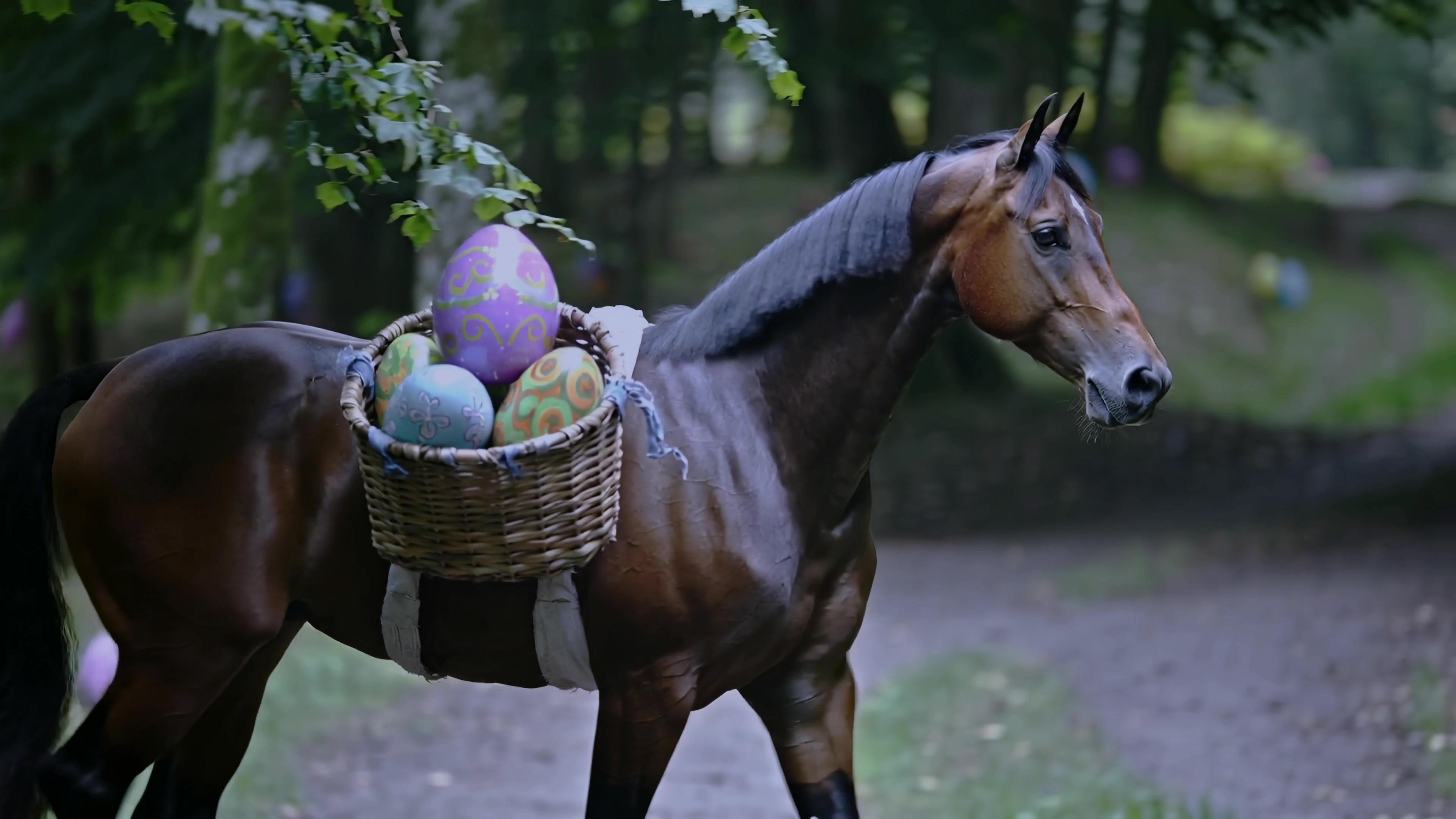 Horse carries basket of colorful eggs along forest path during spring season celebration