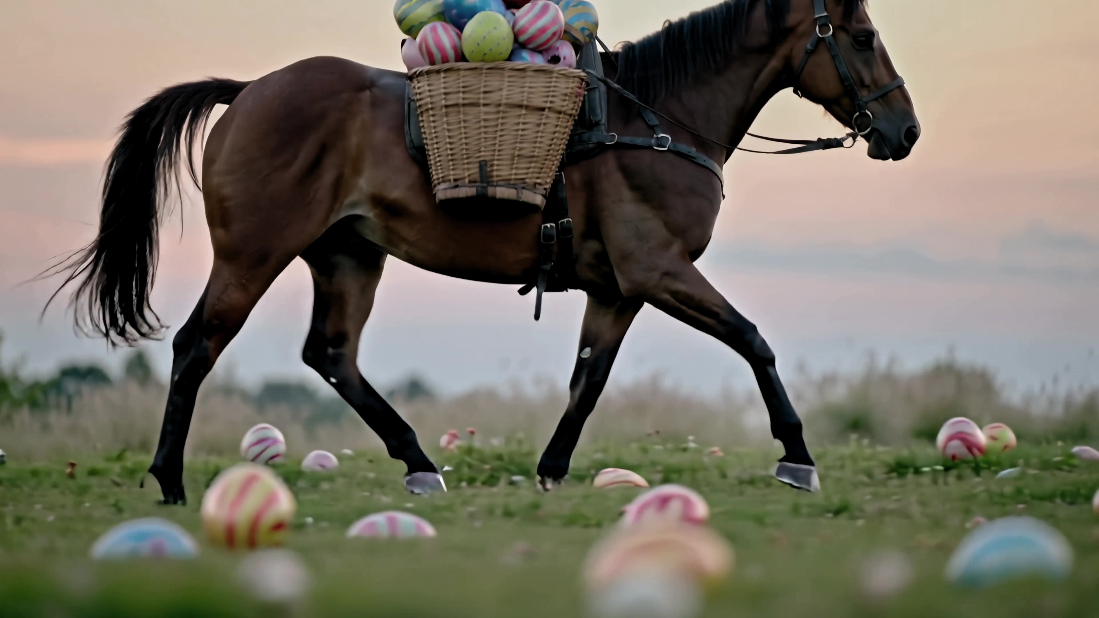 Horse carrying a basket of watermelons through a field with Easter eggs scattered around during sunset