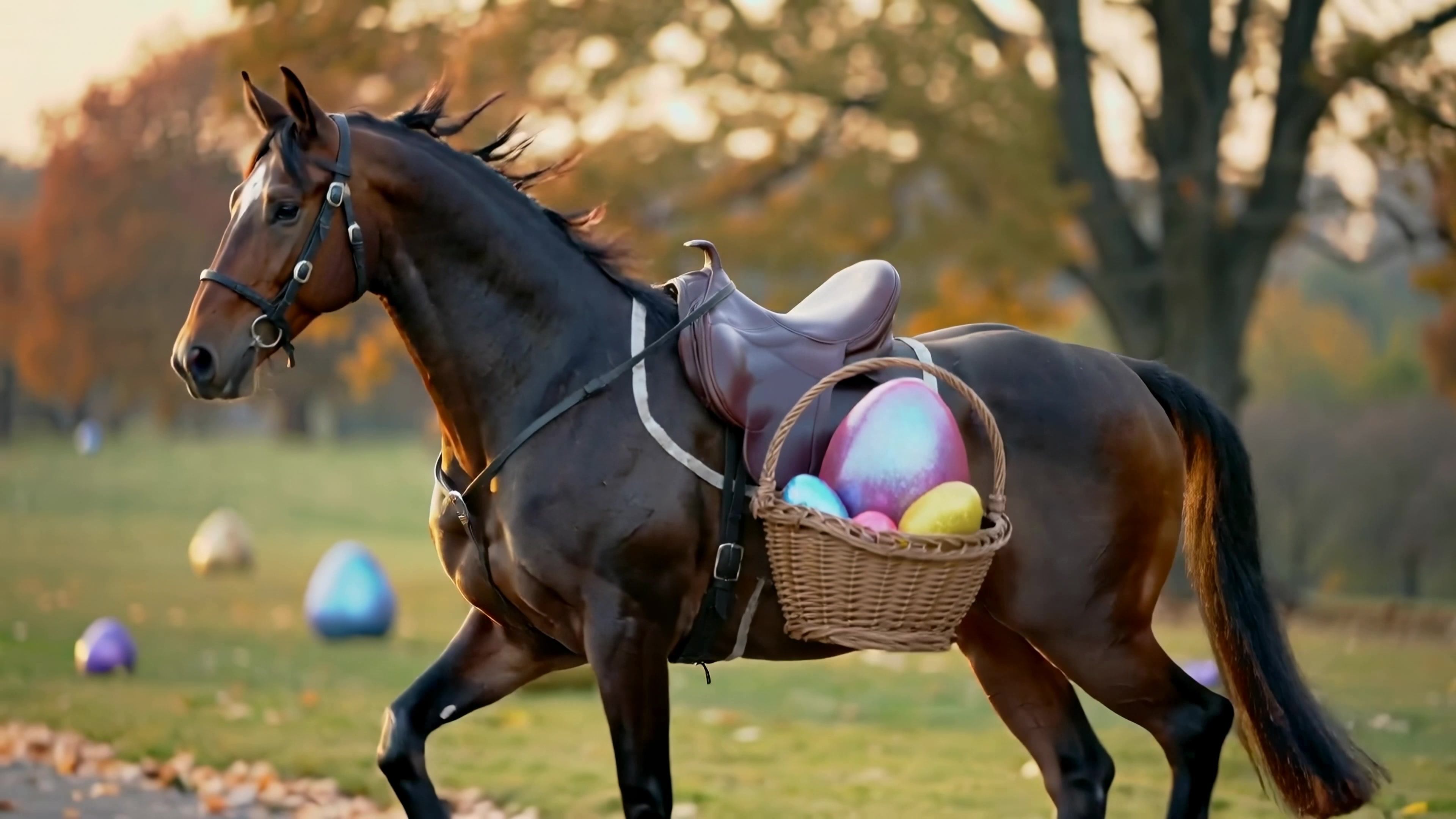 Horse carries basket of colorful eggs in a park during springtime event in the afternoon