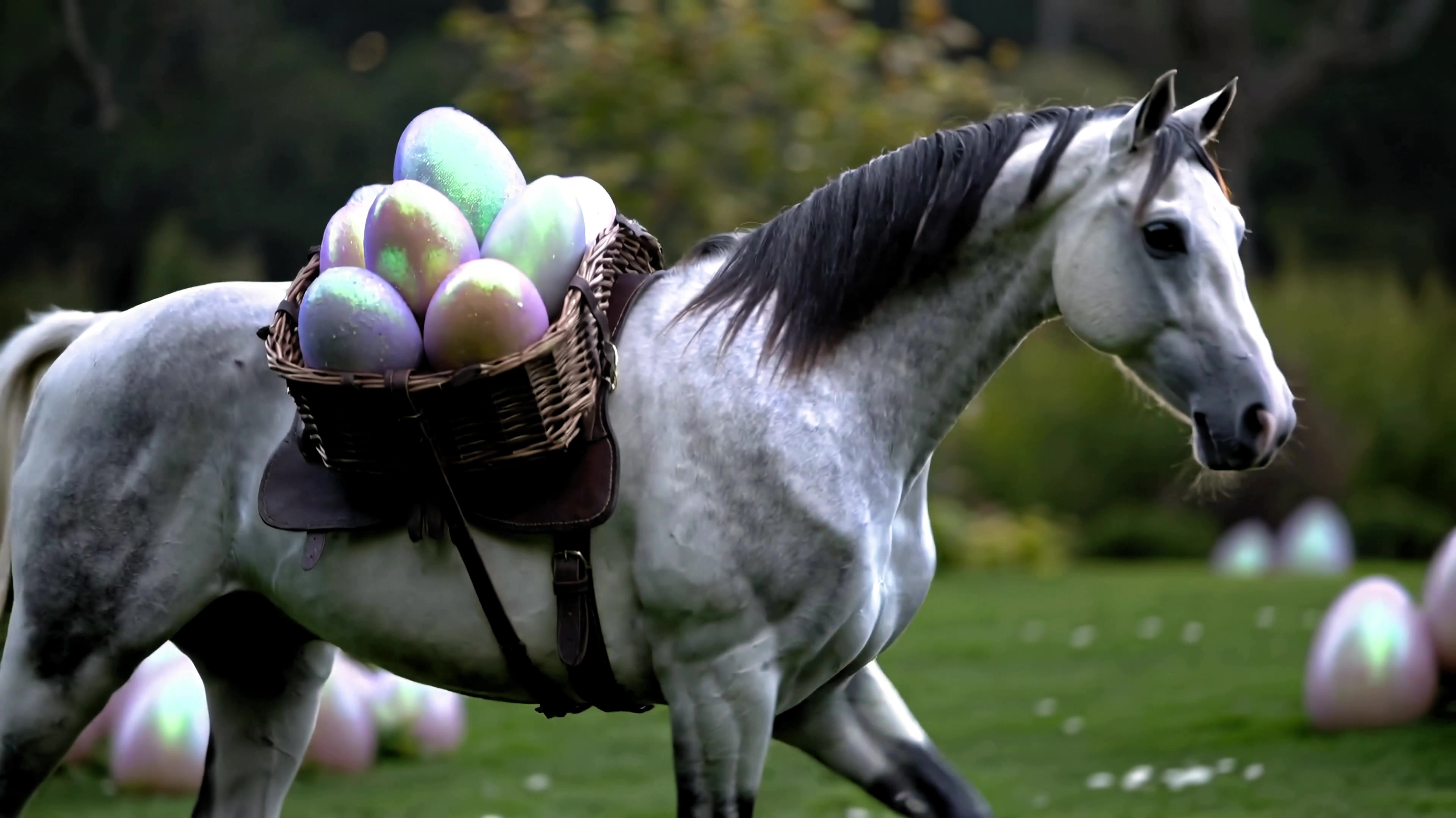 Horse carries basket filled with colorful eggs in garden setting during springtime