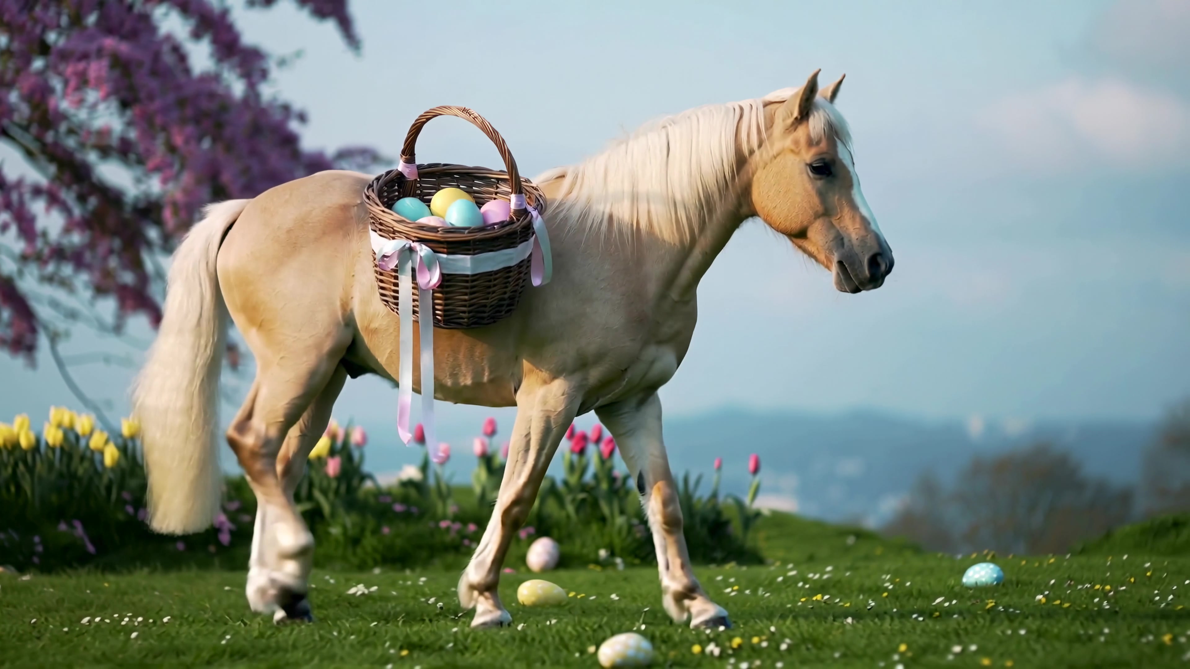 Horse carries basket with colored eggs in a field of flowers under a clear sky