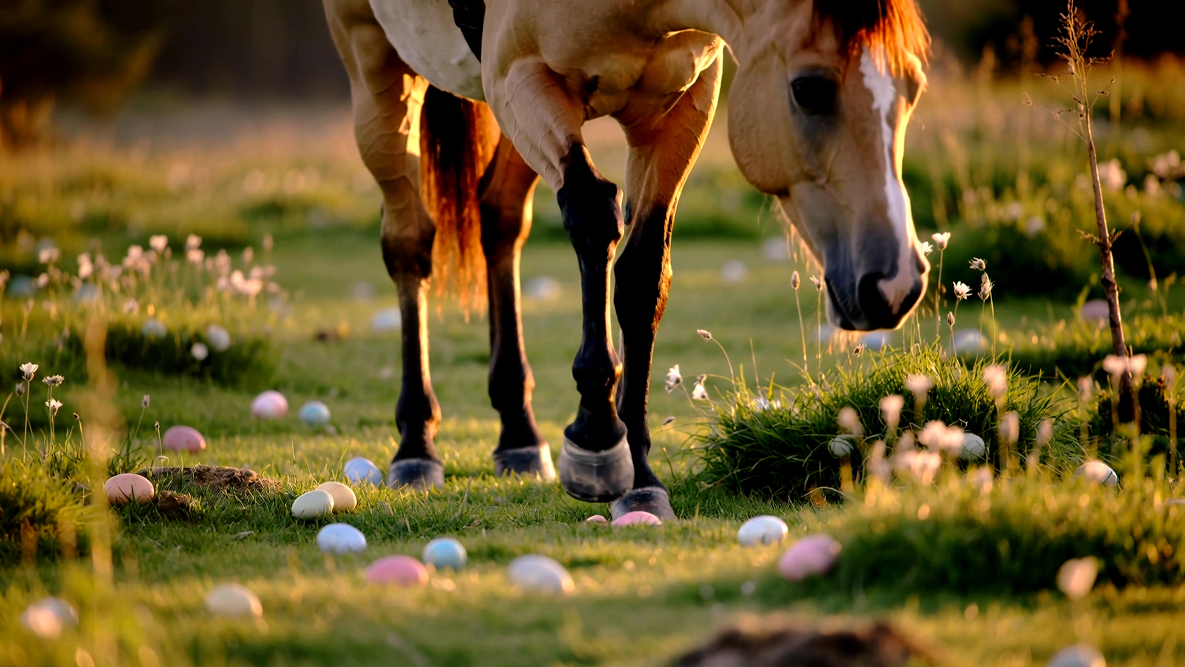 Horse walks through a field with colorful eggs scattered on the ground in the evening light