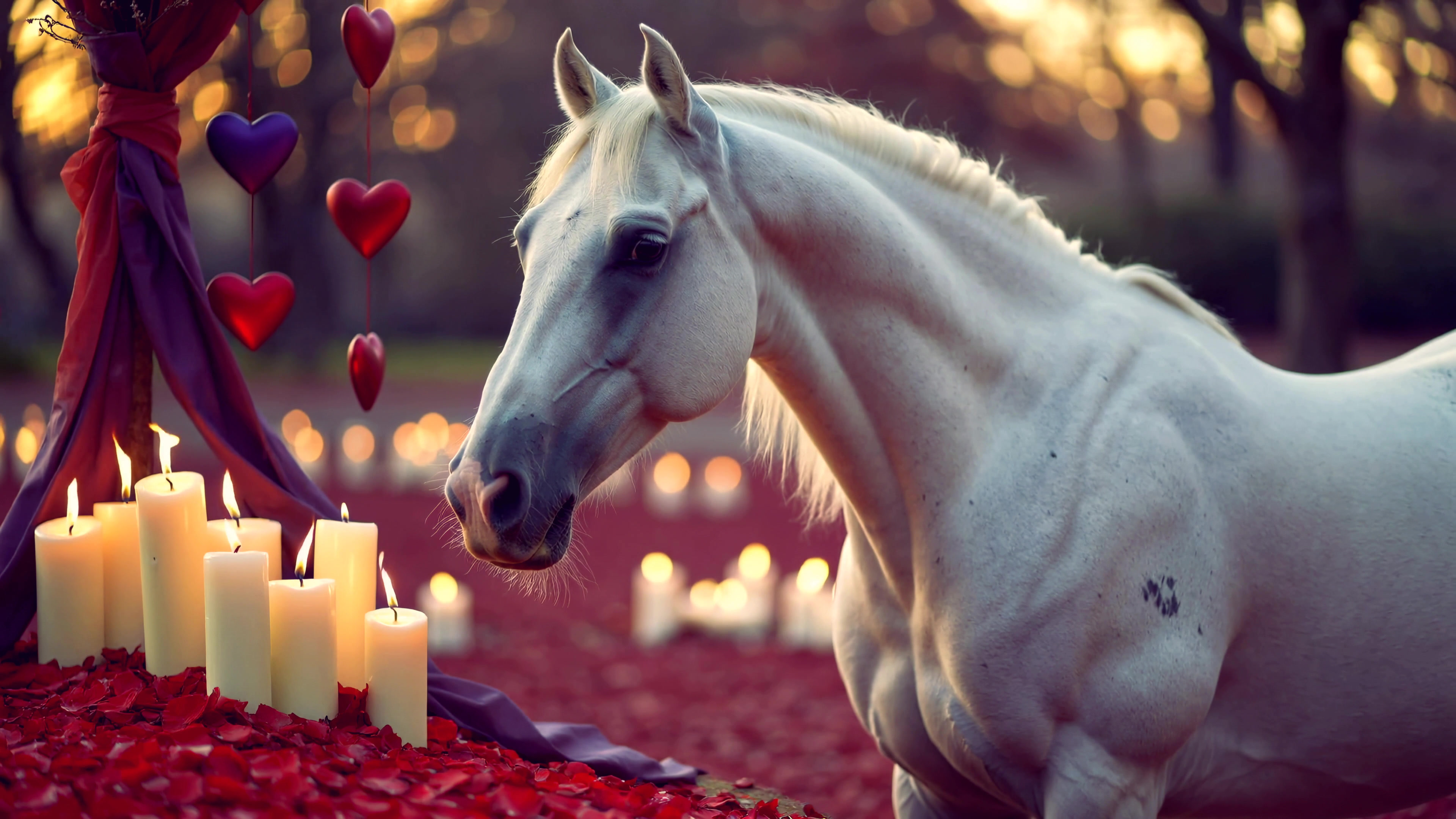 White horse stands among candles and hearts on a bed of rose petals in a garden setting at sunset