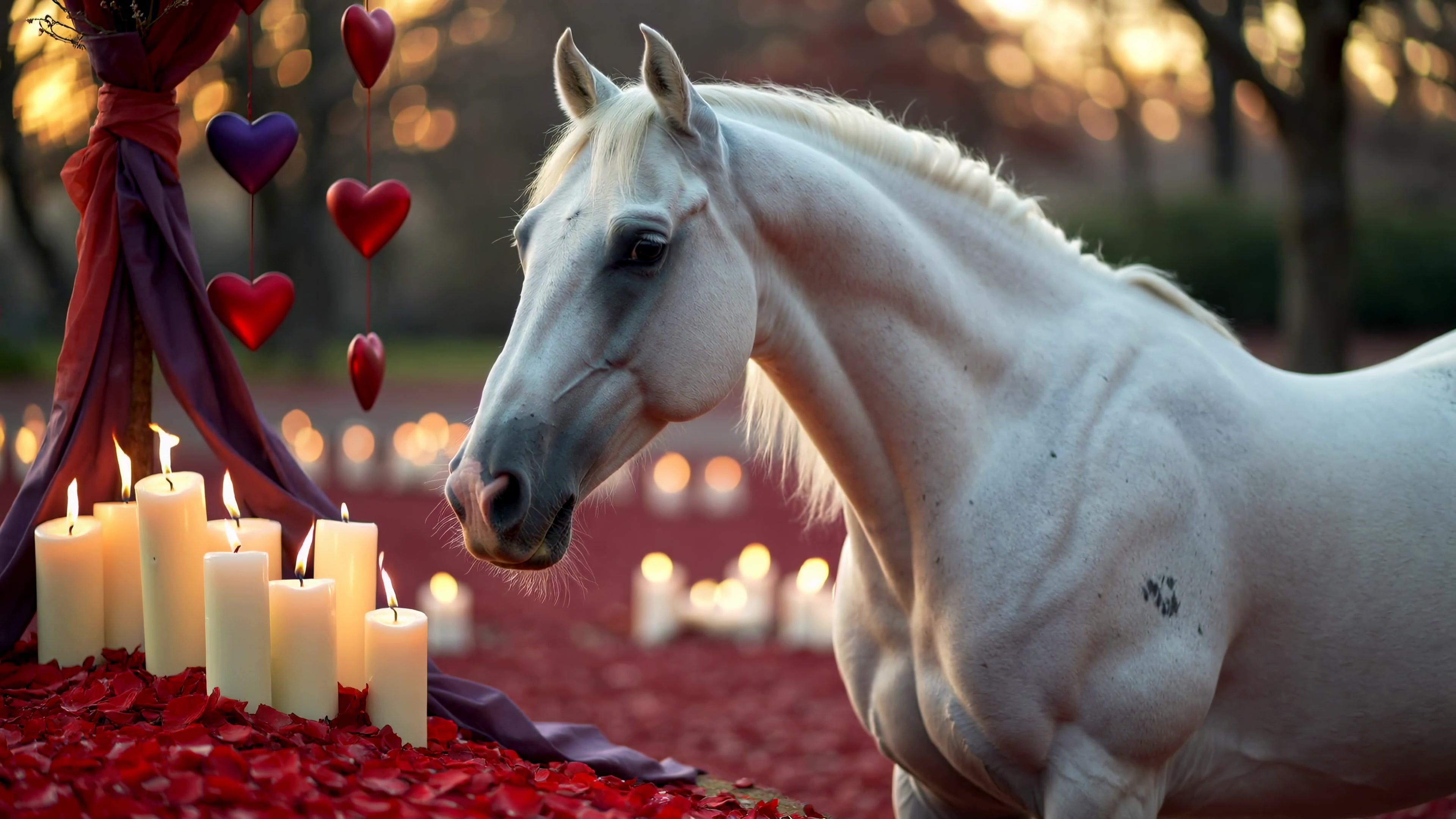 White horse near hearts and candles at sunset surrounded by rose petals in a romantic setting