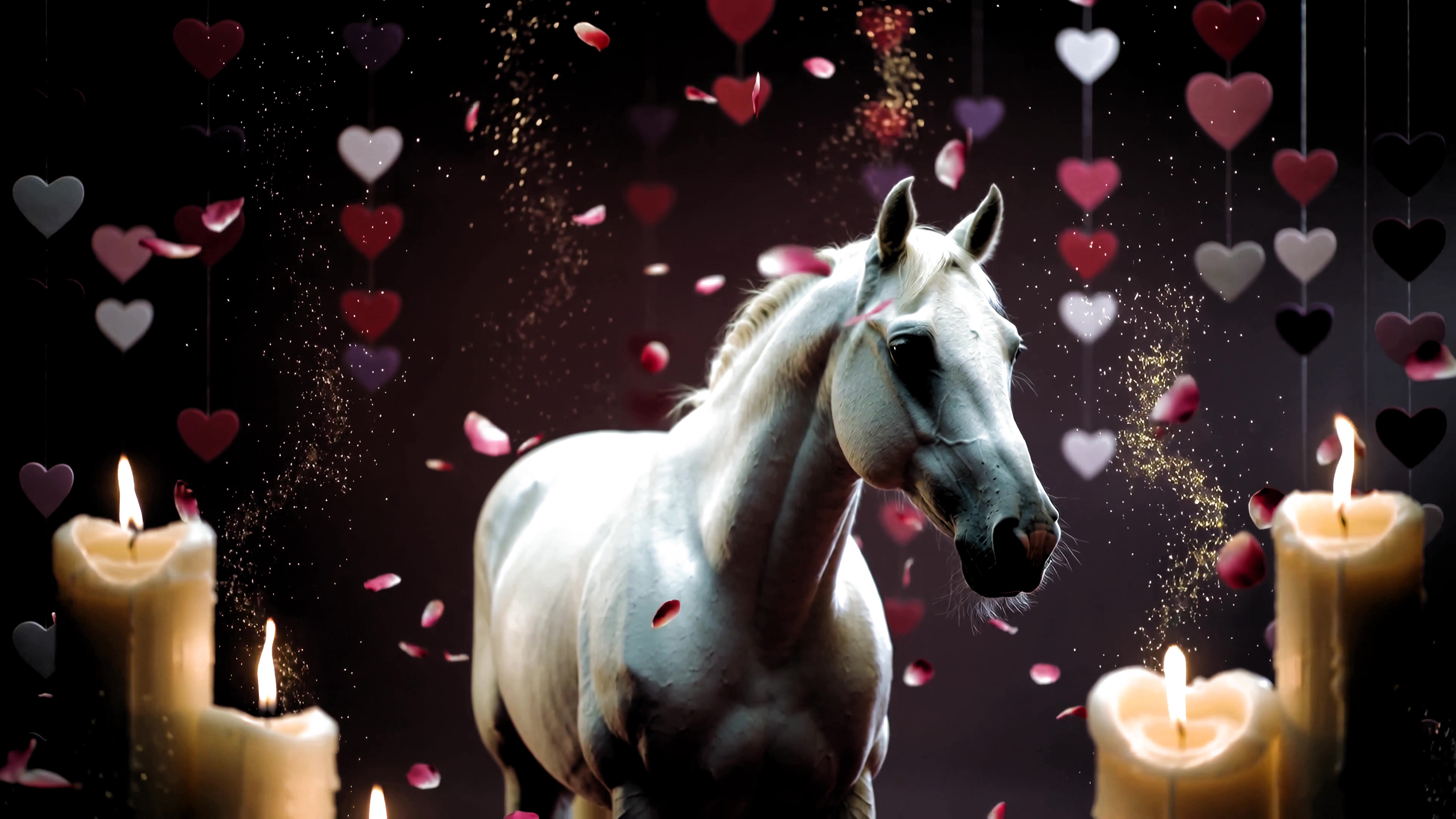 White horse surrounded by hearts and candles in a romantic setting with rose petals falling