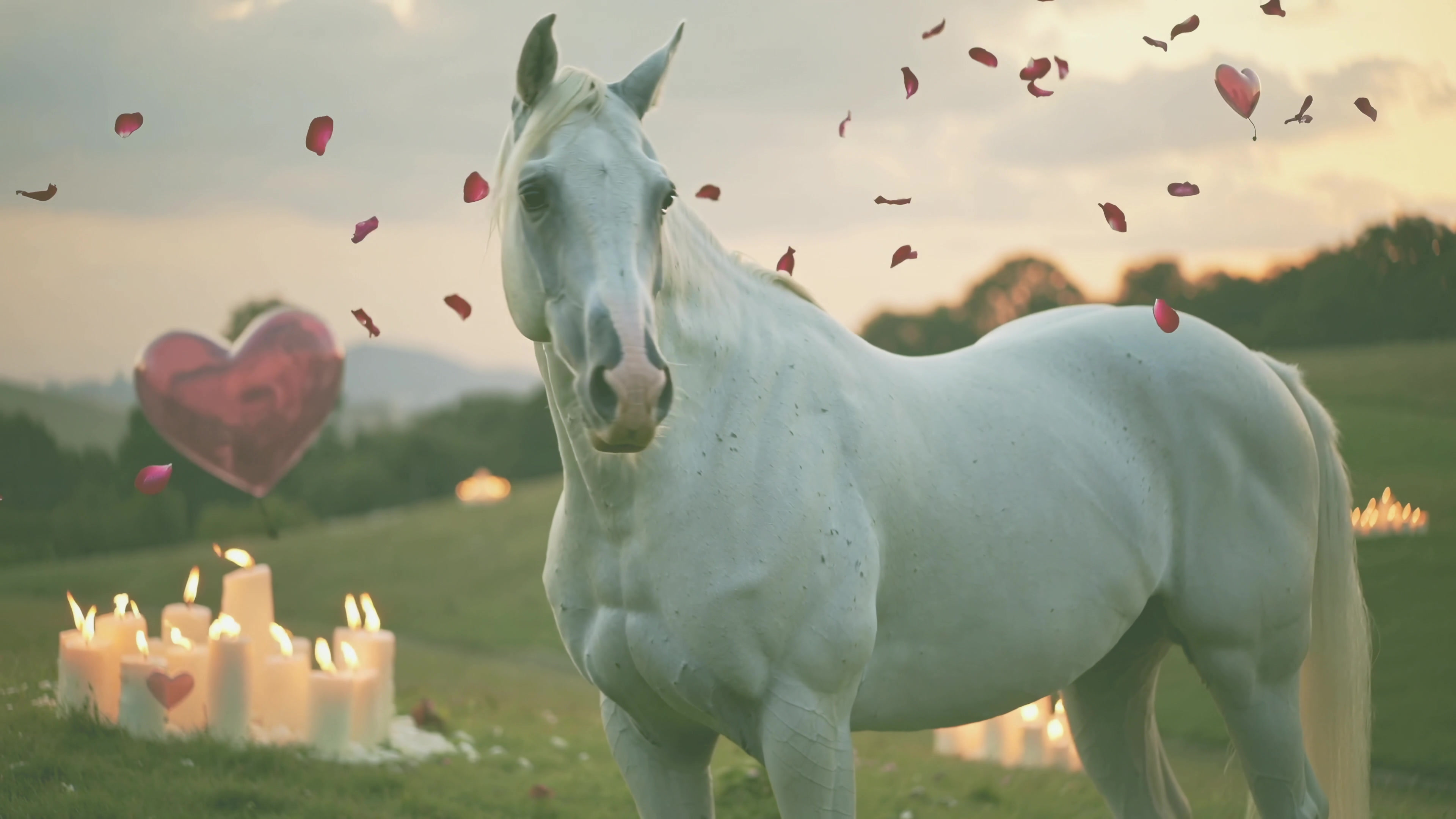 White horse standing in a field surrounded by candles and heart-shaped petals during sunset near a forest