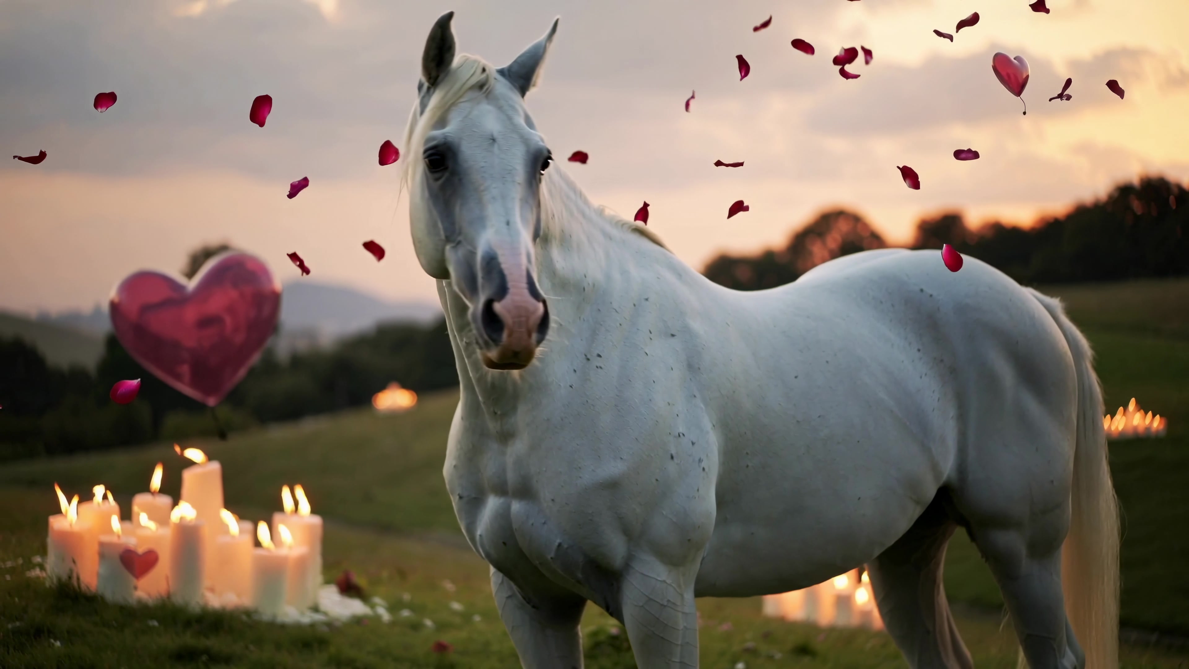 White horse standing in a field surrounded by candles and rose petals at sunset