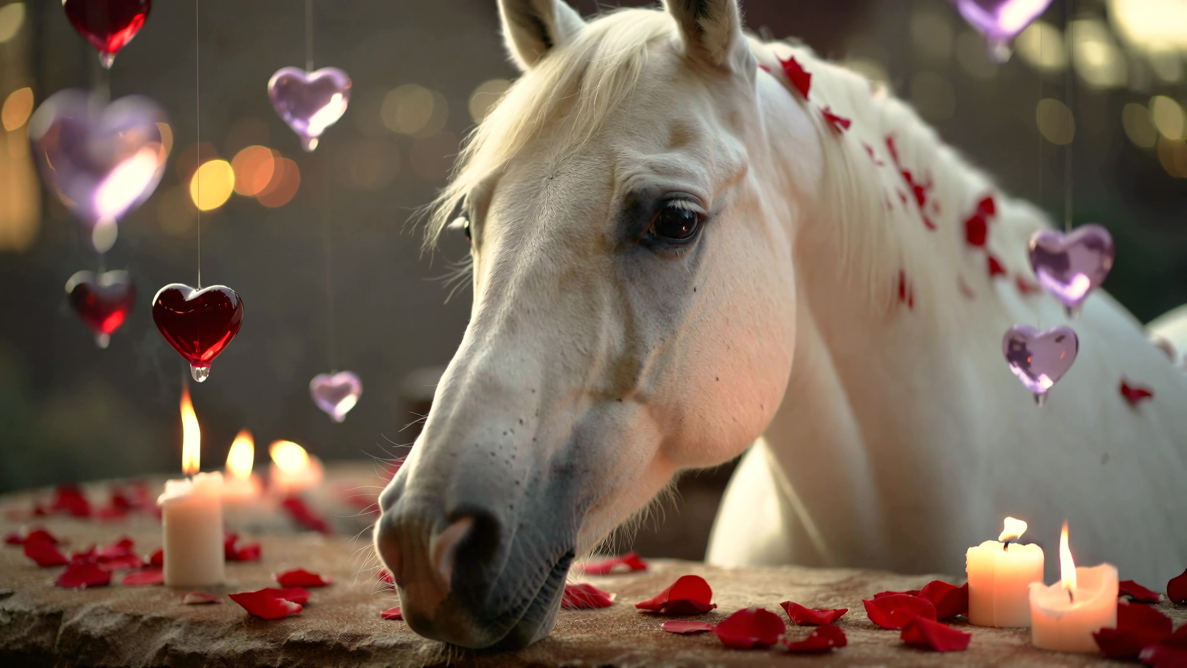 White horse surrounded by heart decorations and candles in an outdoor setting during evening time