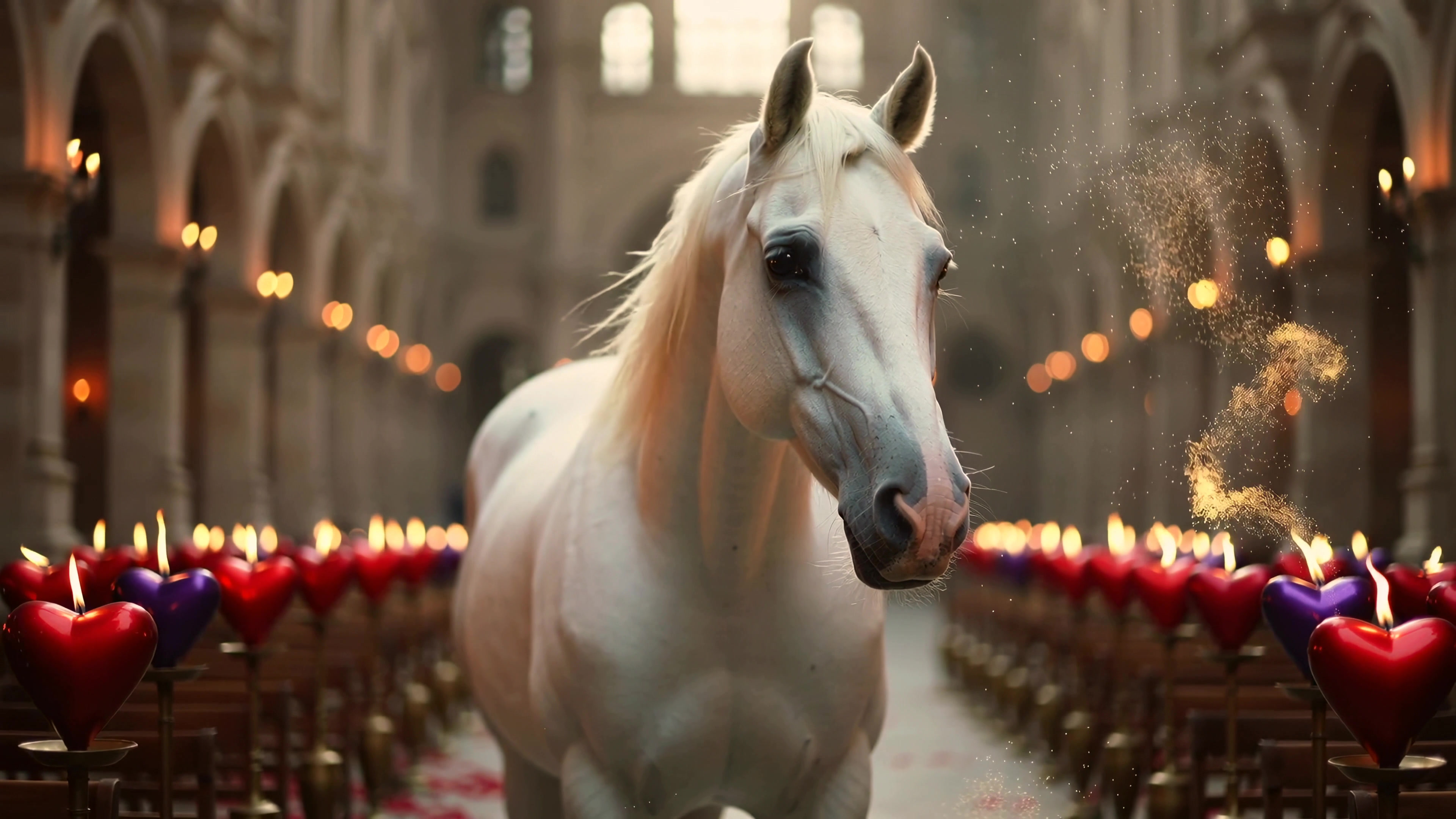 White horse walks through a decorated hall filled with candles and red hearts during a special event at an indoor location
