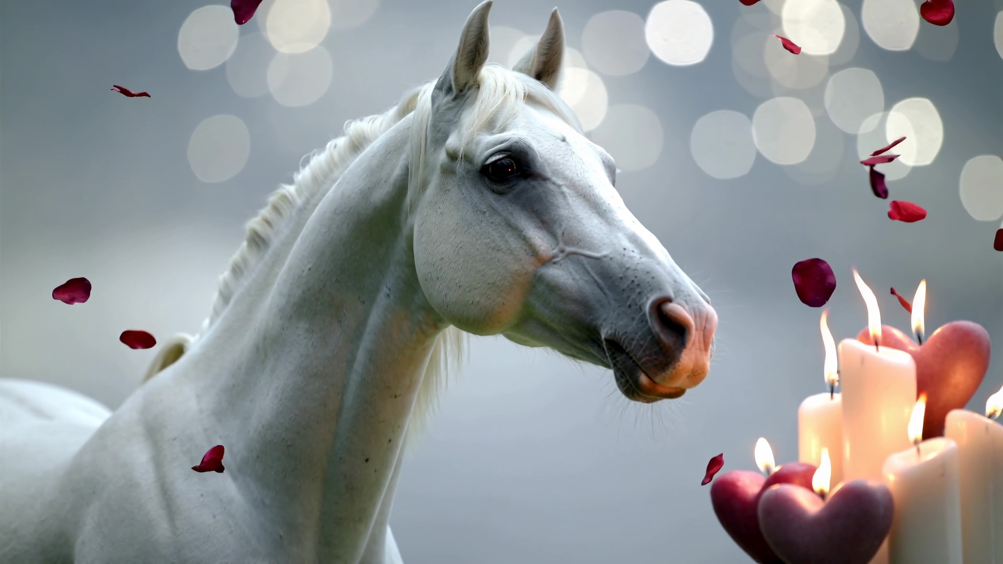 White horse by candles with rose petals in a soft light setting during evening hours