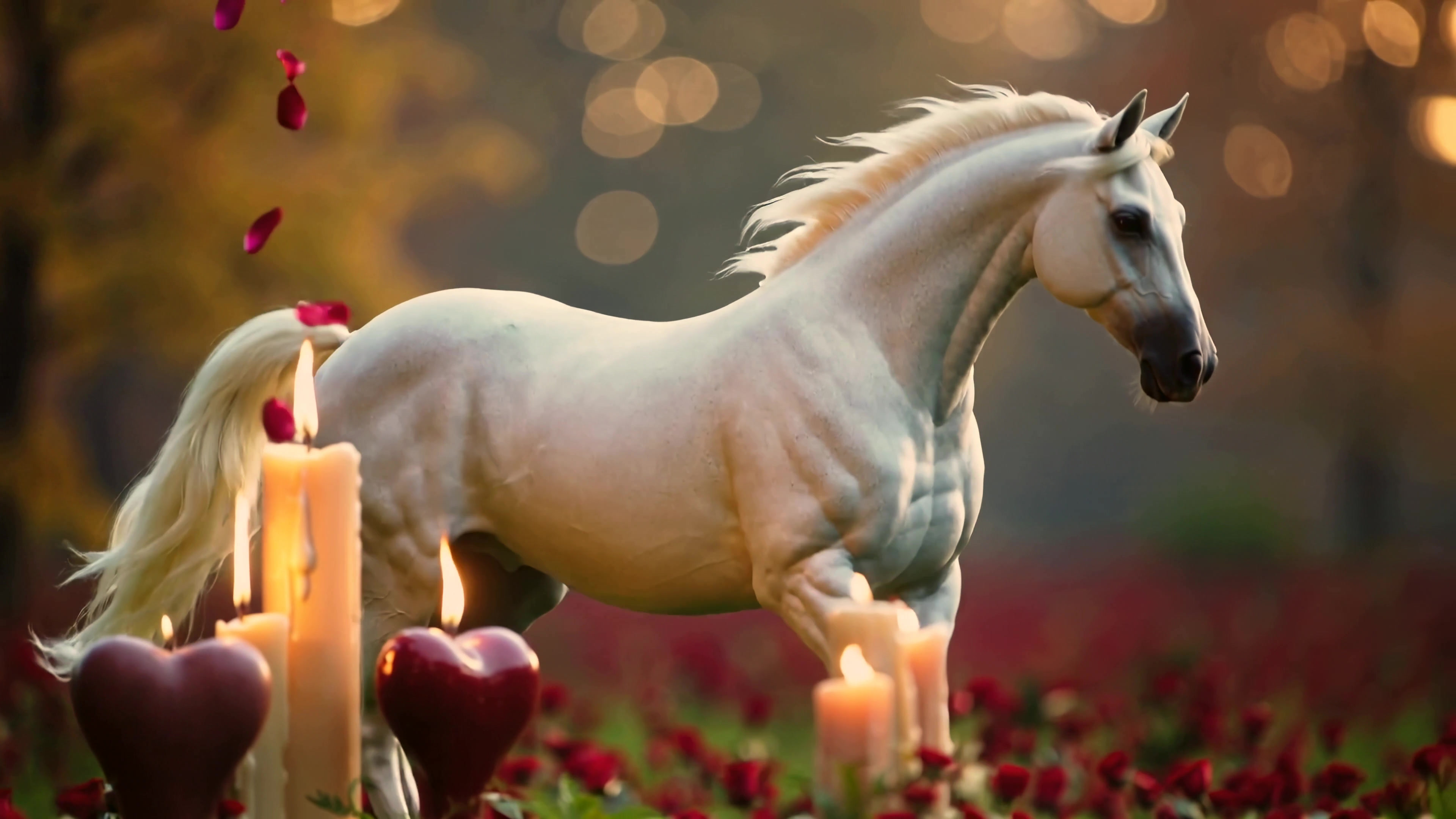 White horse walks among candles and rose petals in a garden during sunset