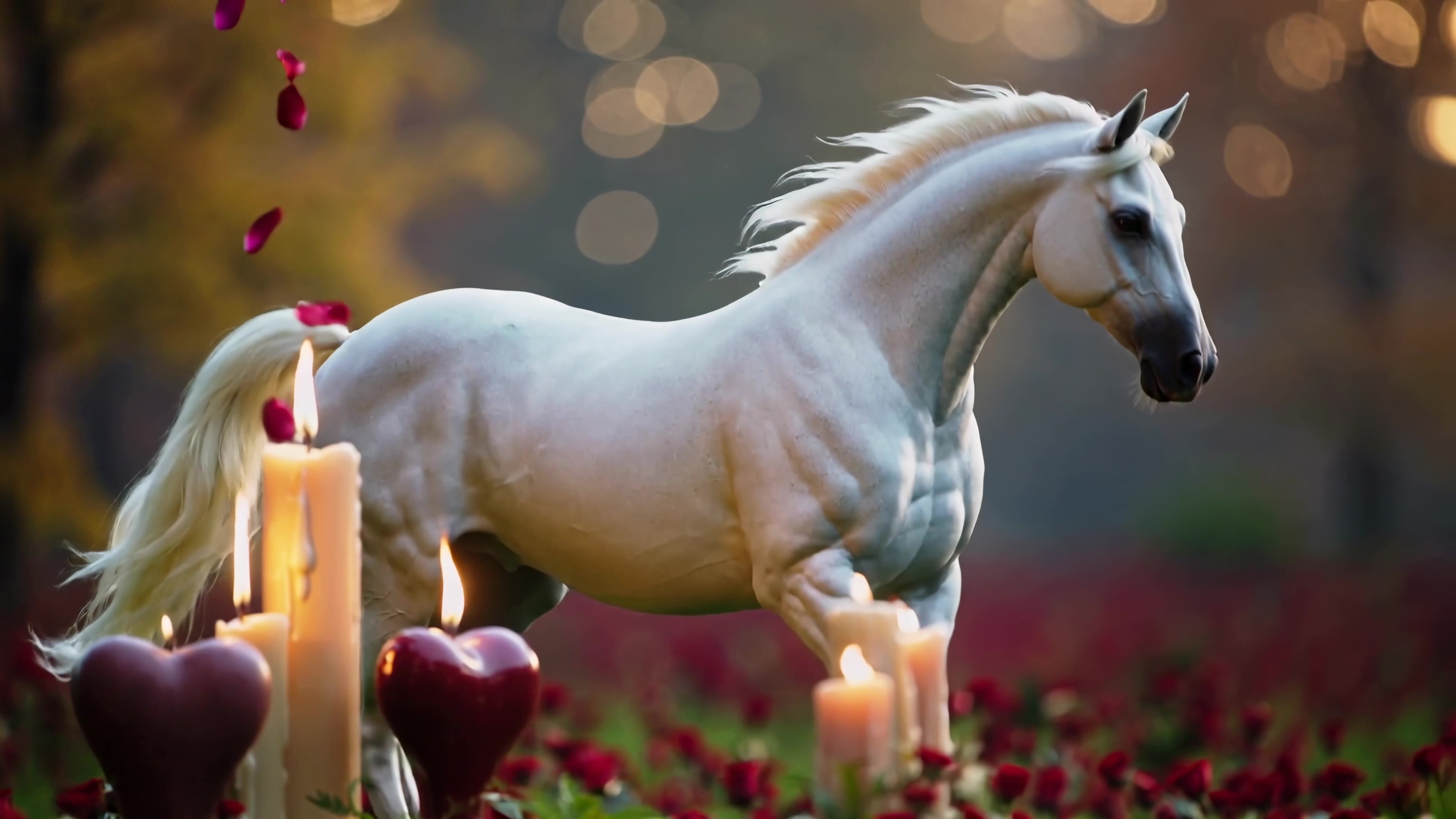 White horse walks through rose petals with candles in a forest during golden hour in autumn