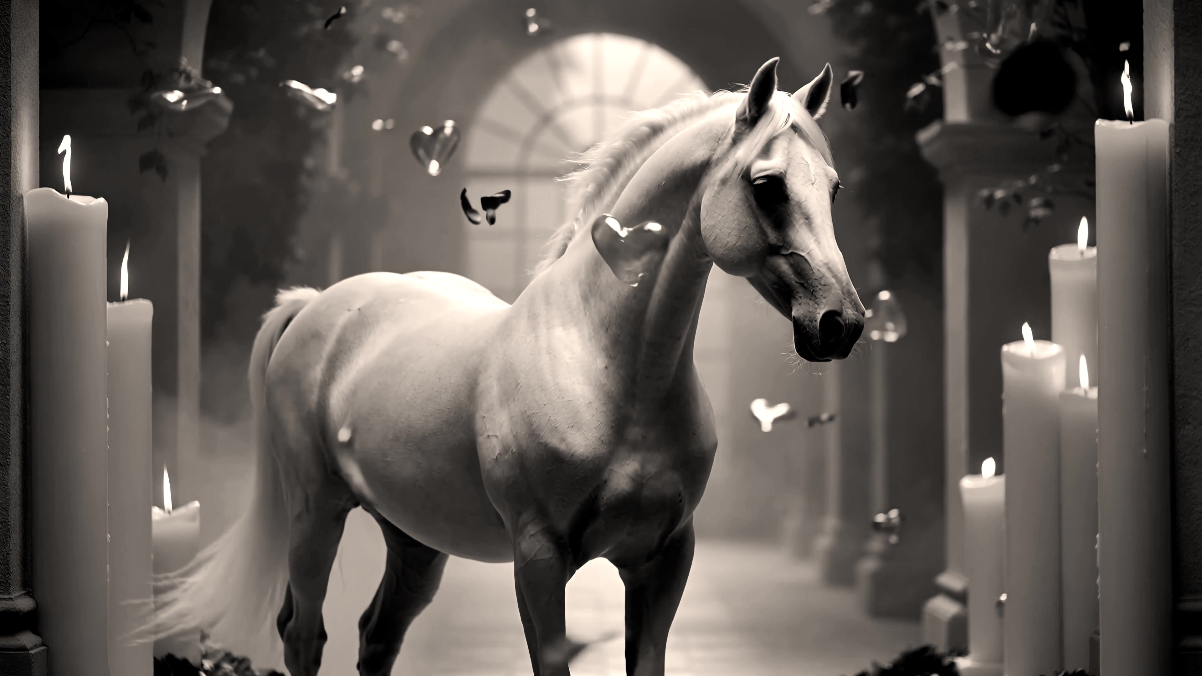 White horse stands in a dimly lit room surrounded by candles and scattered petals during a creative video shoot