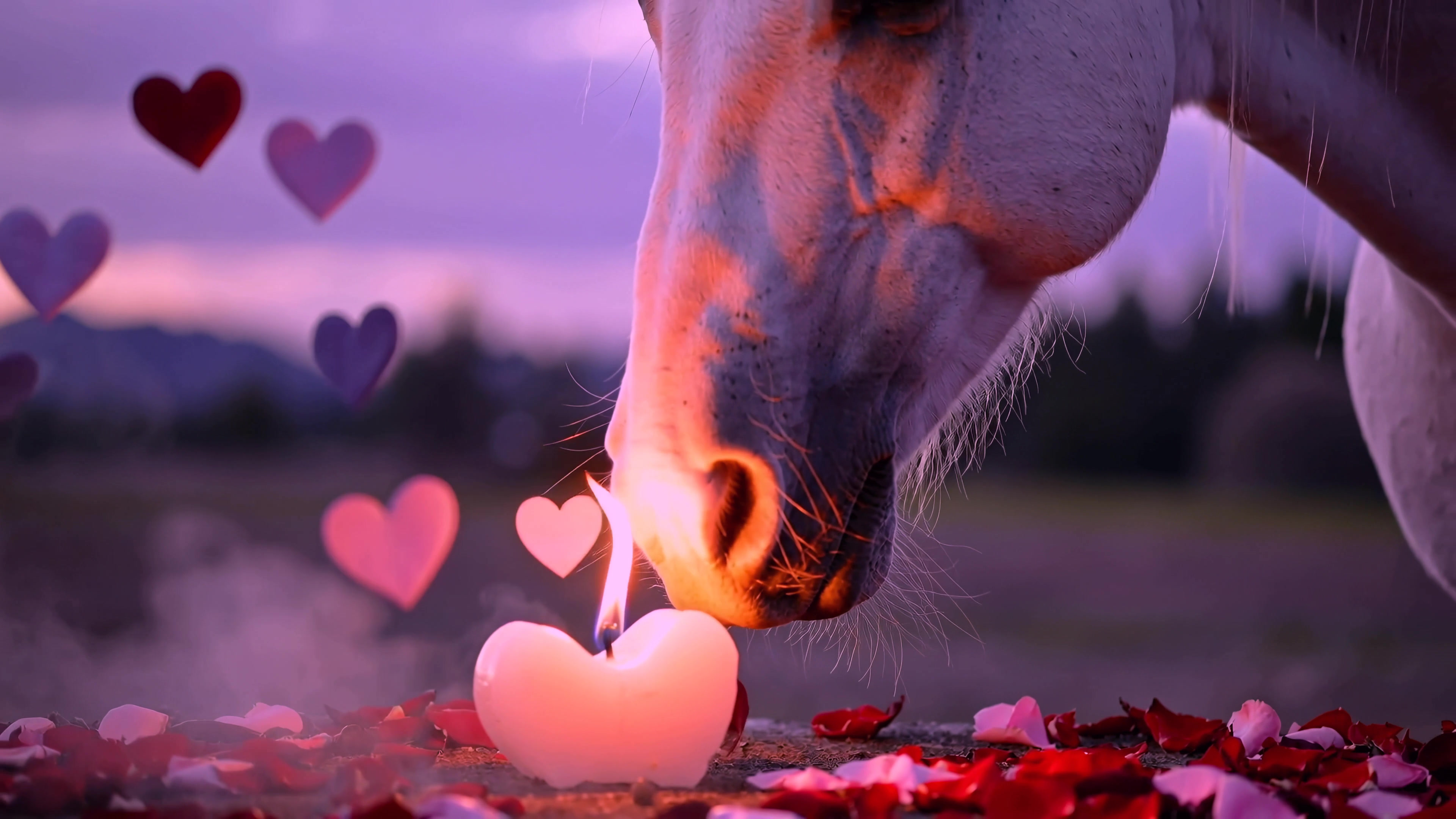 Horse interacts with a heart-shaped candle surrounded by rose petals during sunset