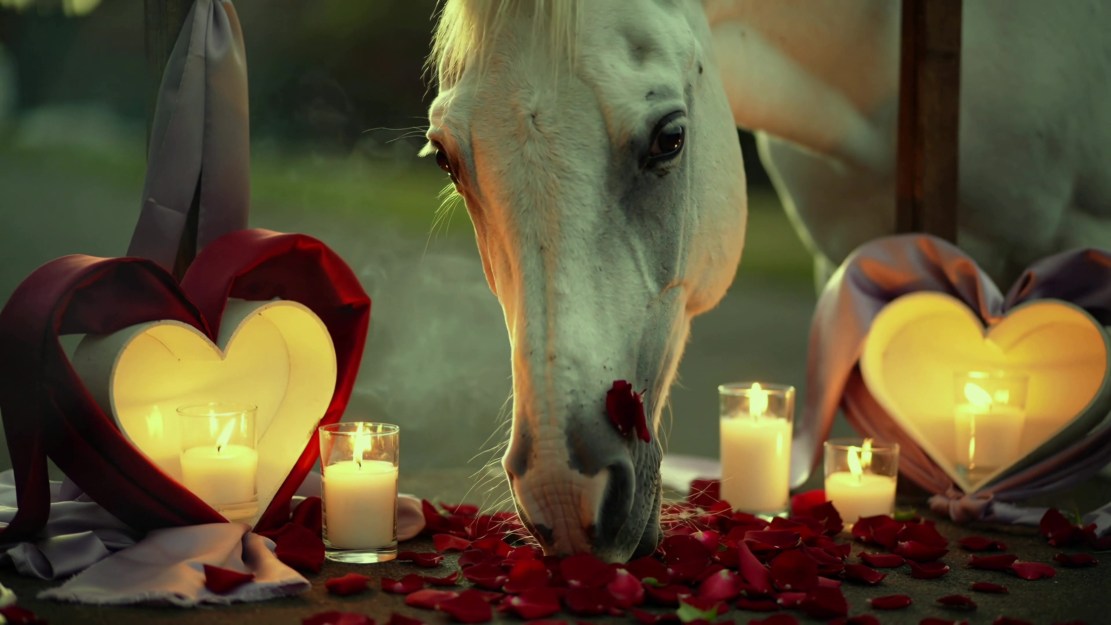 Horse eating rose petals near candles and heart decorations in a garden setting during the evening