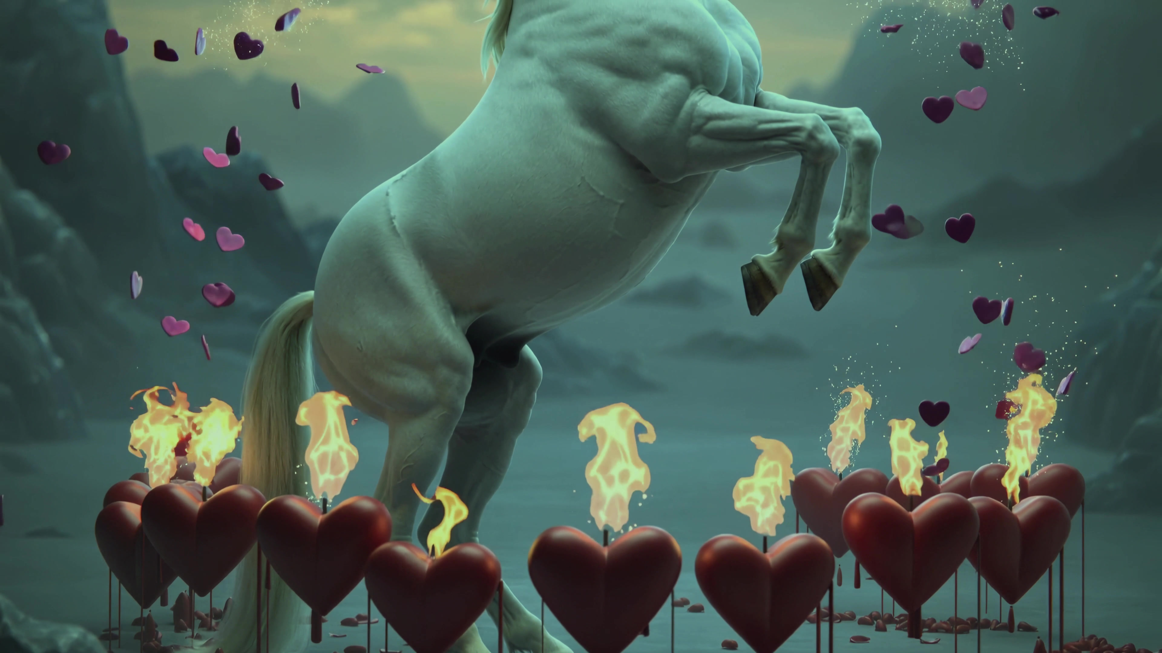 Video shows a unicorn surrounded by hearts and flames during a fantasy scene at night in a mystical landscape