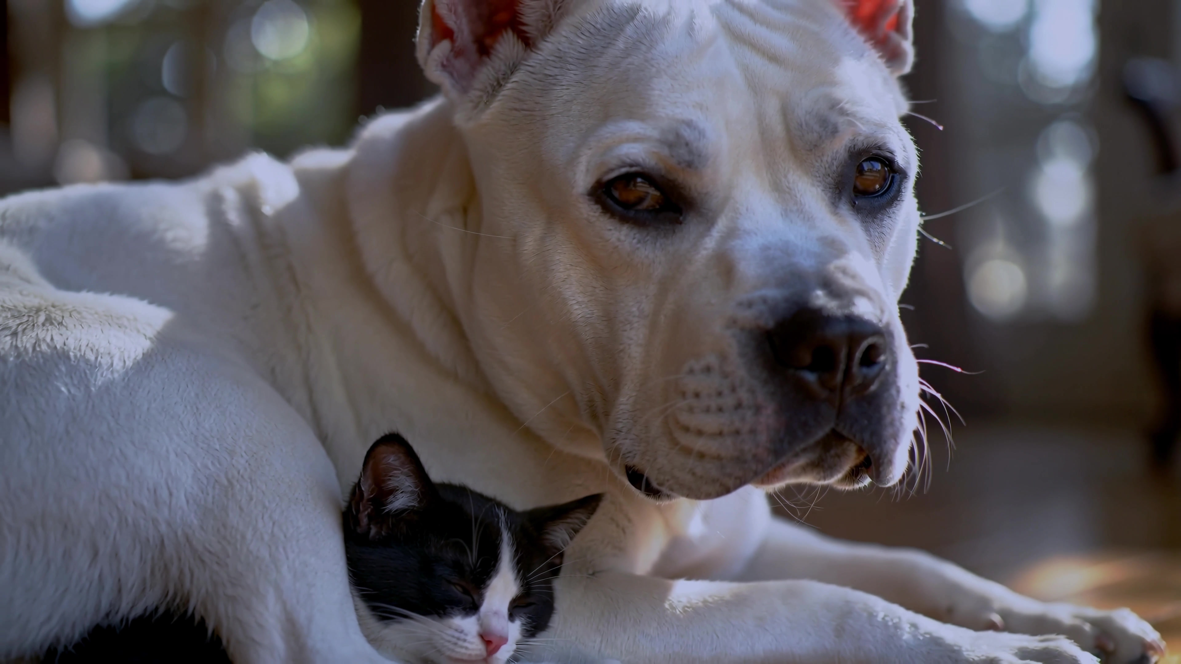 Dog and cat share space in a sunlit room while resting together on a soft surface
