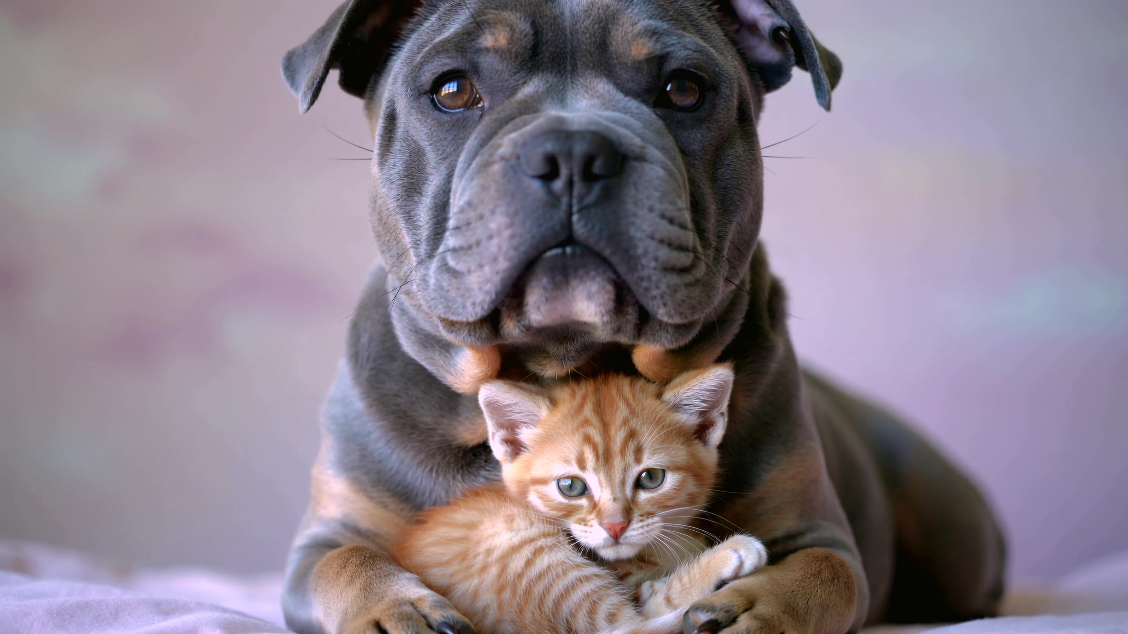 Dog and kitten share close bond while resting together in a cozy setting