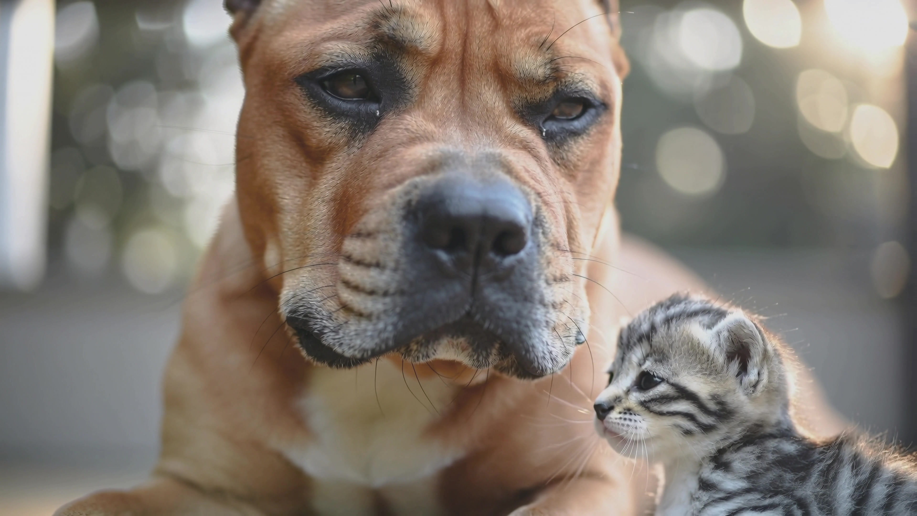 Dog and kitten interact in a backyard on a sunny day while exploring friendship and playfulness together