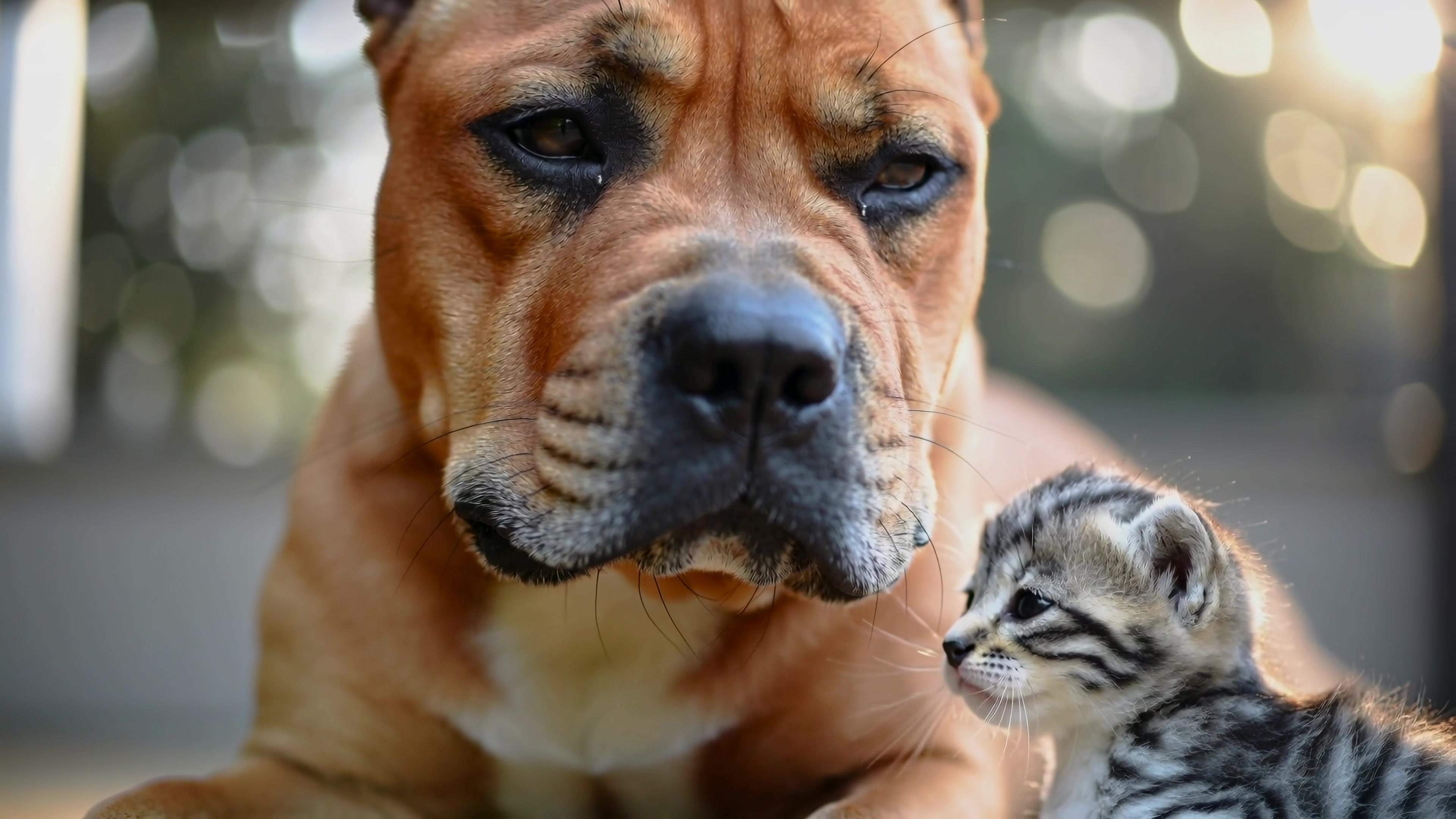 Dog and cat share close moment in garden during sunny day with blurred background