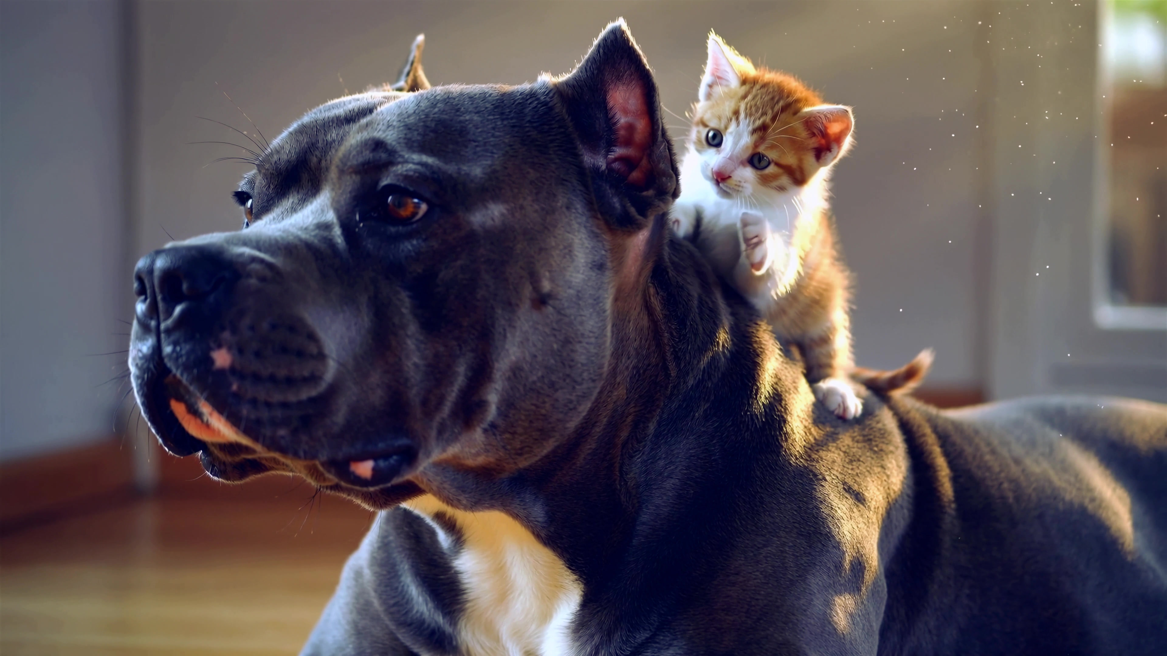 Puppy and kitten play together in a home during the afternoon sunshine