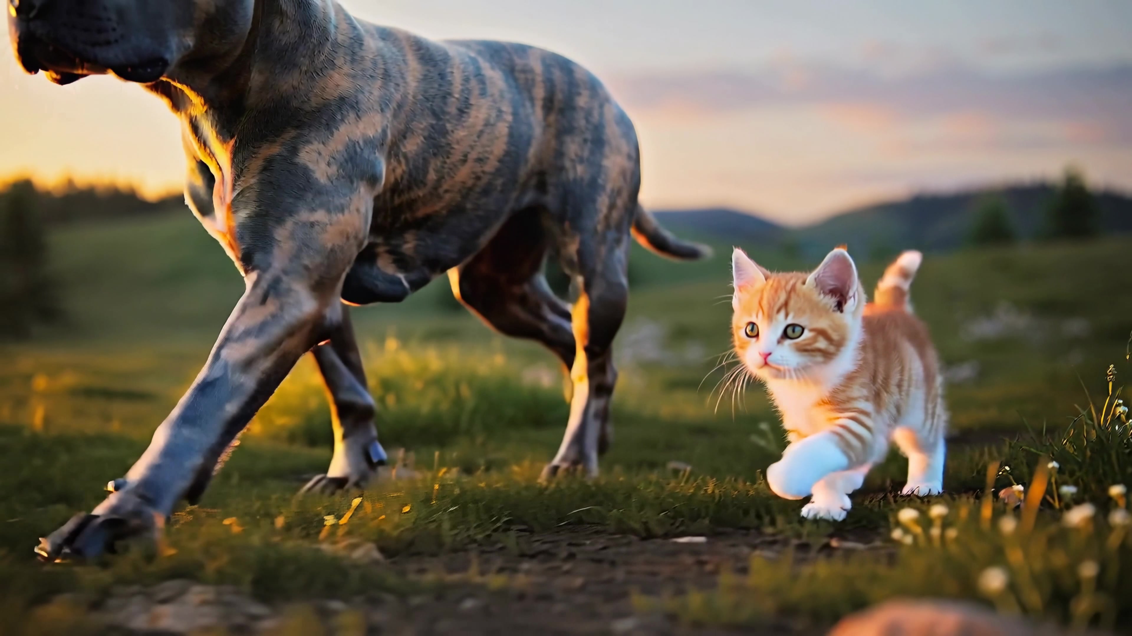 Playful kitten walks alongside large dog on grassy field during sunset in a peaceful outdoor setting