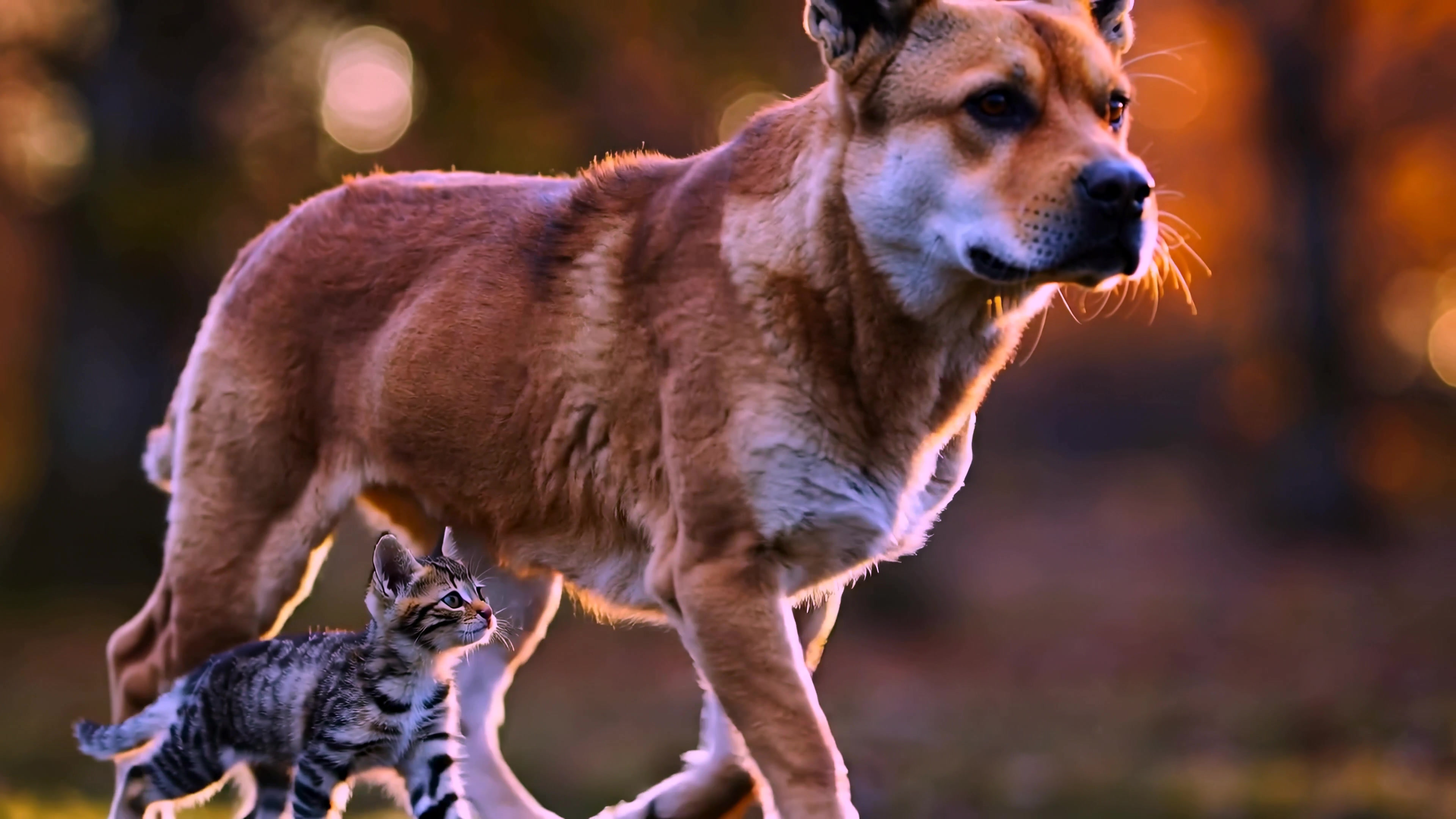 Dog and cat walk together during sunset in a park in autumn season
