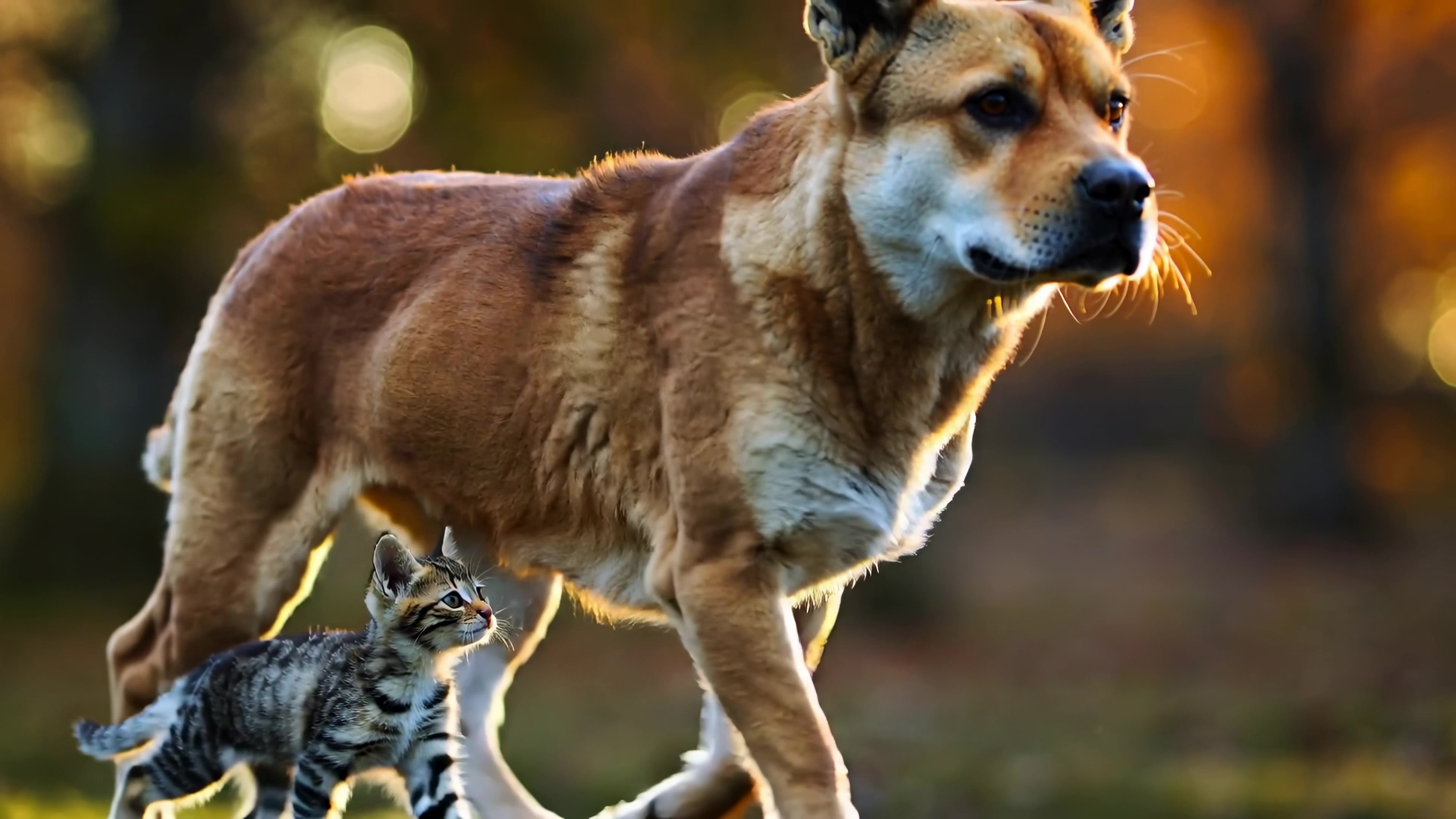 Dog walks through the park with a kitten during sunset while enjoying the evening