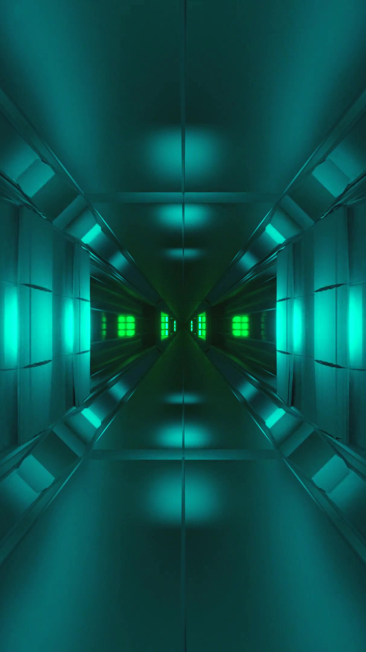 Seamless tunnel video loop creating a dynamic visual experience with glowing green lights and reflective surfaces