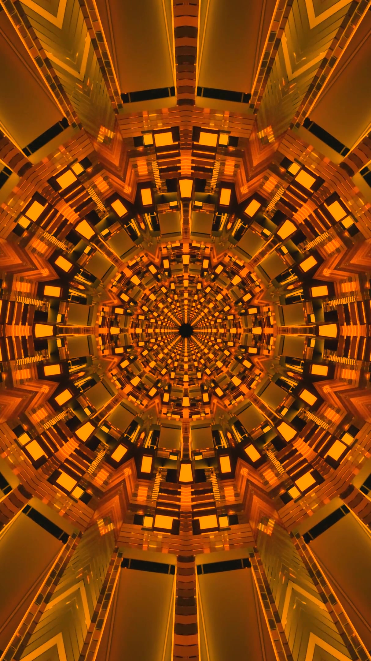 Seamless tunnel video loop creating a vibrant orange patterned screensaver for immersive viewing experiences