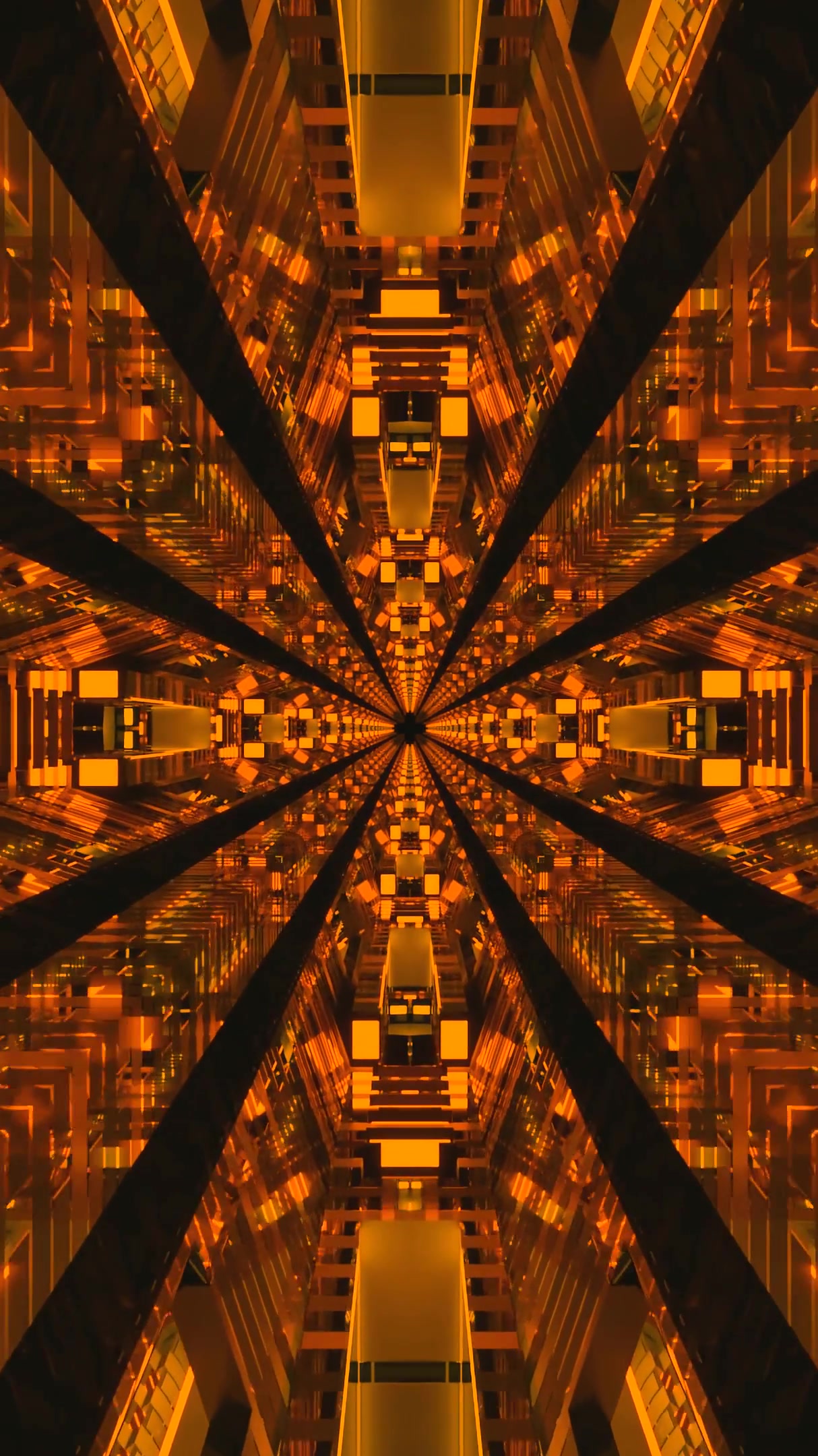 Tunnel video vj loop screensaver creates endless motion in vibrant orange hues and intricate geometric patterns