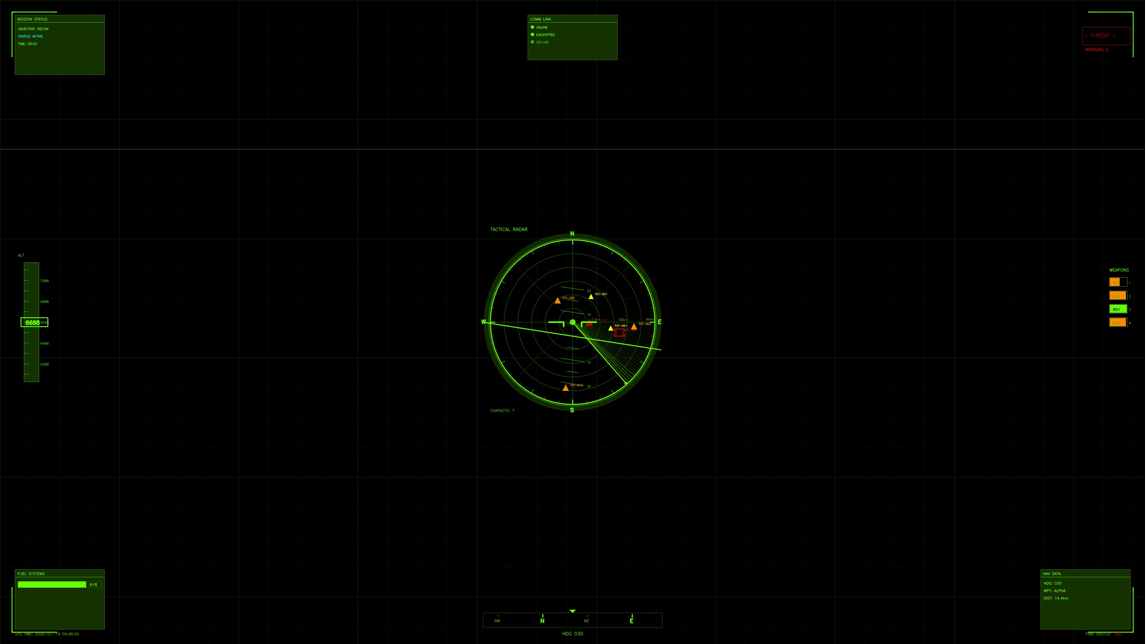 Interface displays in a science fiction military cockpit during a war strategy analysis session