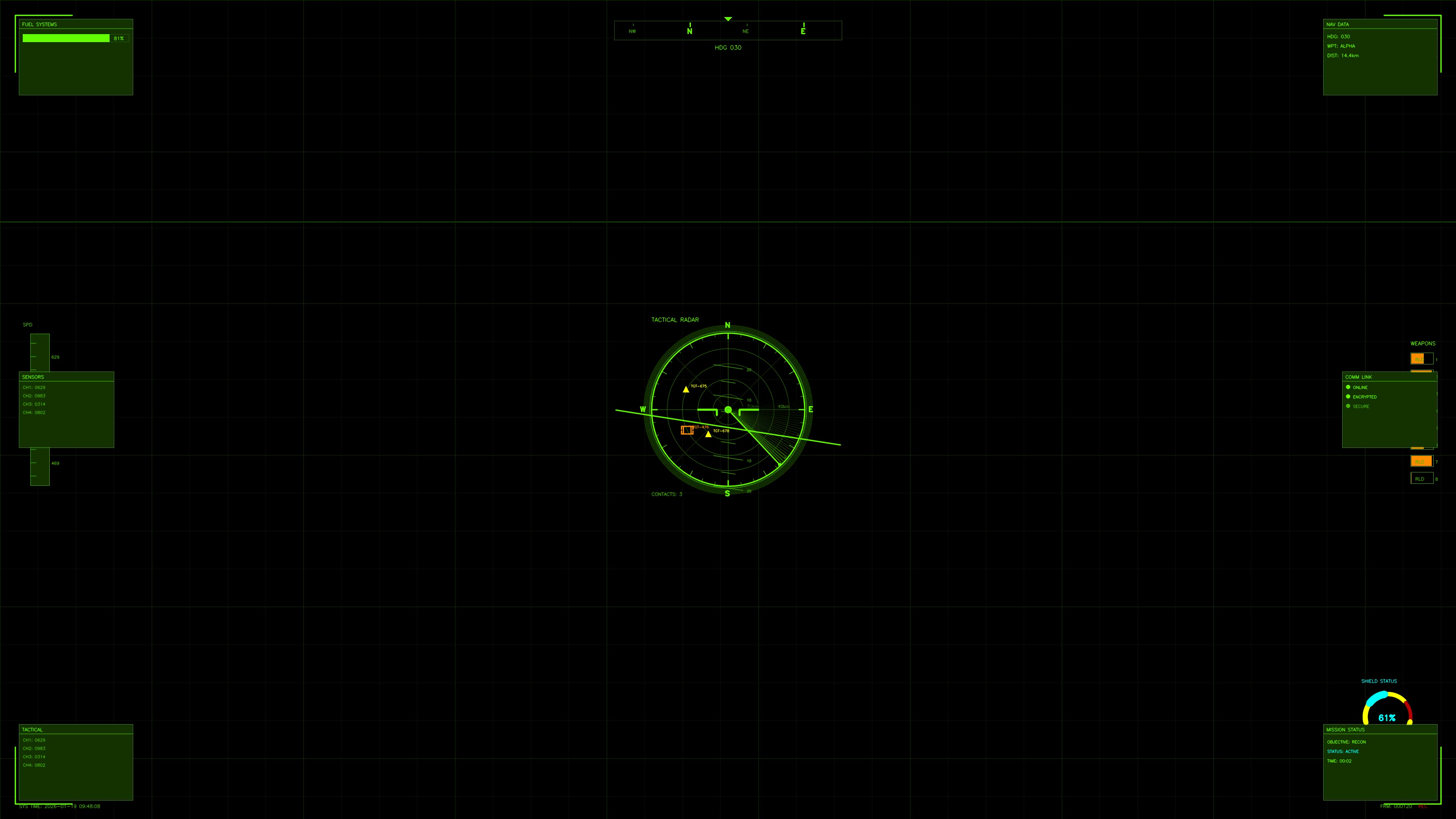 Science fiction military cockpit display for war documentaries showing radar and tactical data