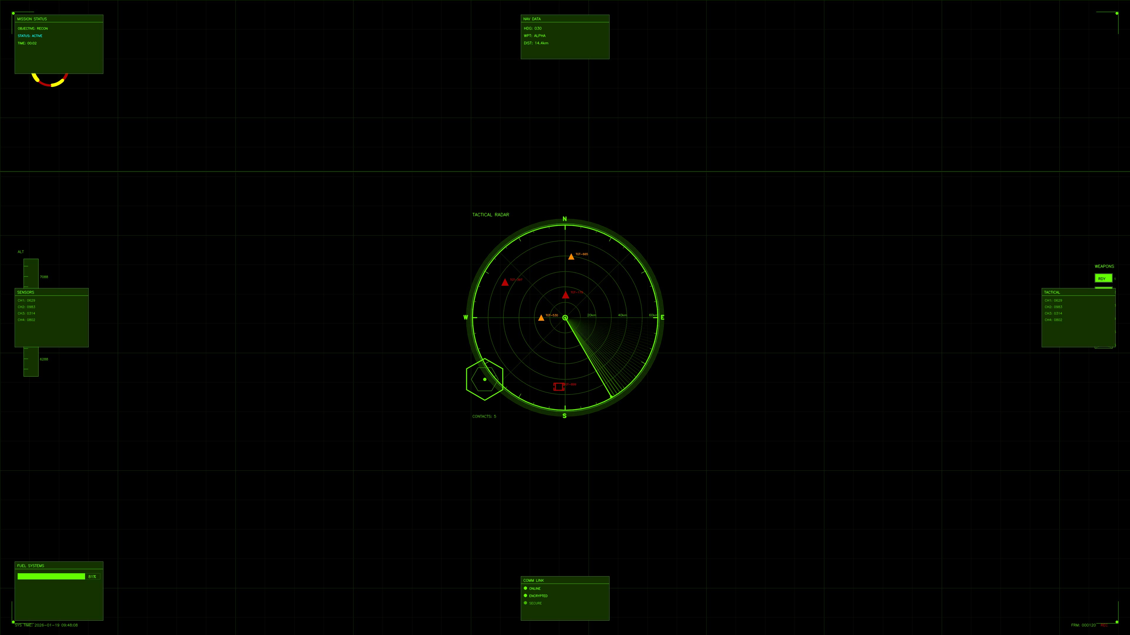Science fiction military cockpit display showing war data for tactical analysis in a combat scenario