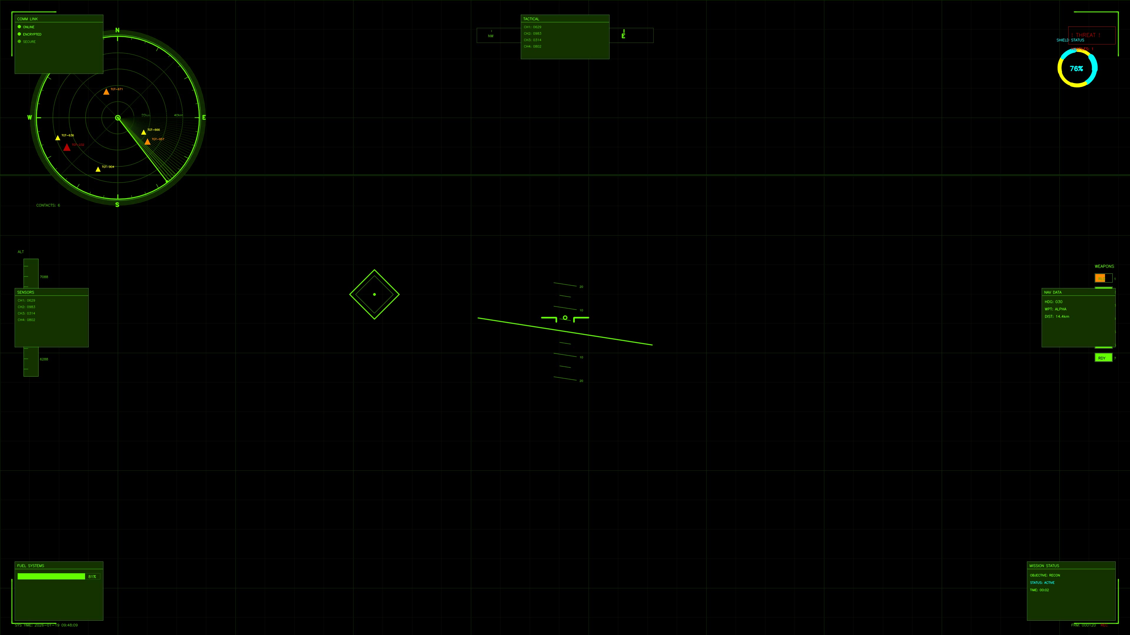 Science fiction military cockpit display for war documentaries focusing on strategy and tactics in combat situations