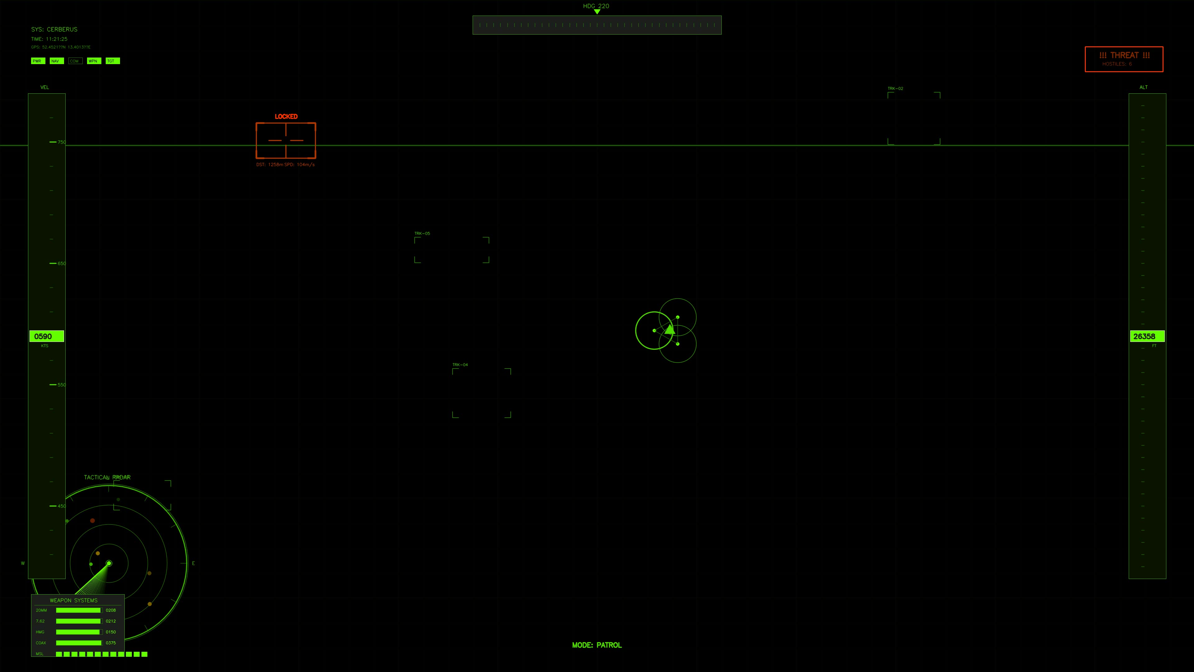 Military cockpit display for simulation of war scenarios in science fiction video documentaries with detailed interface elements