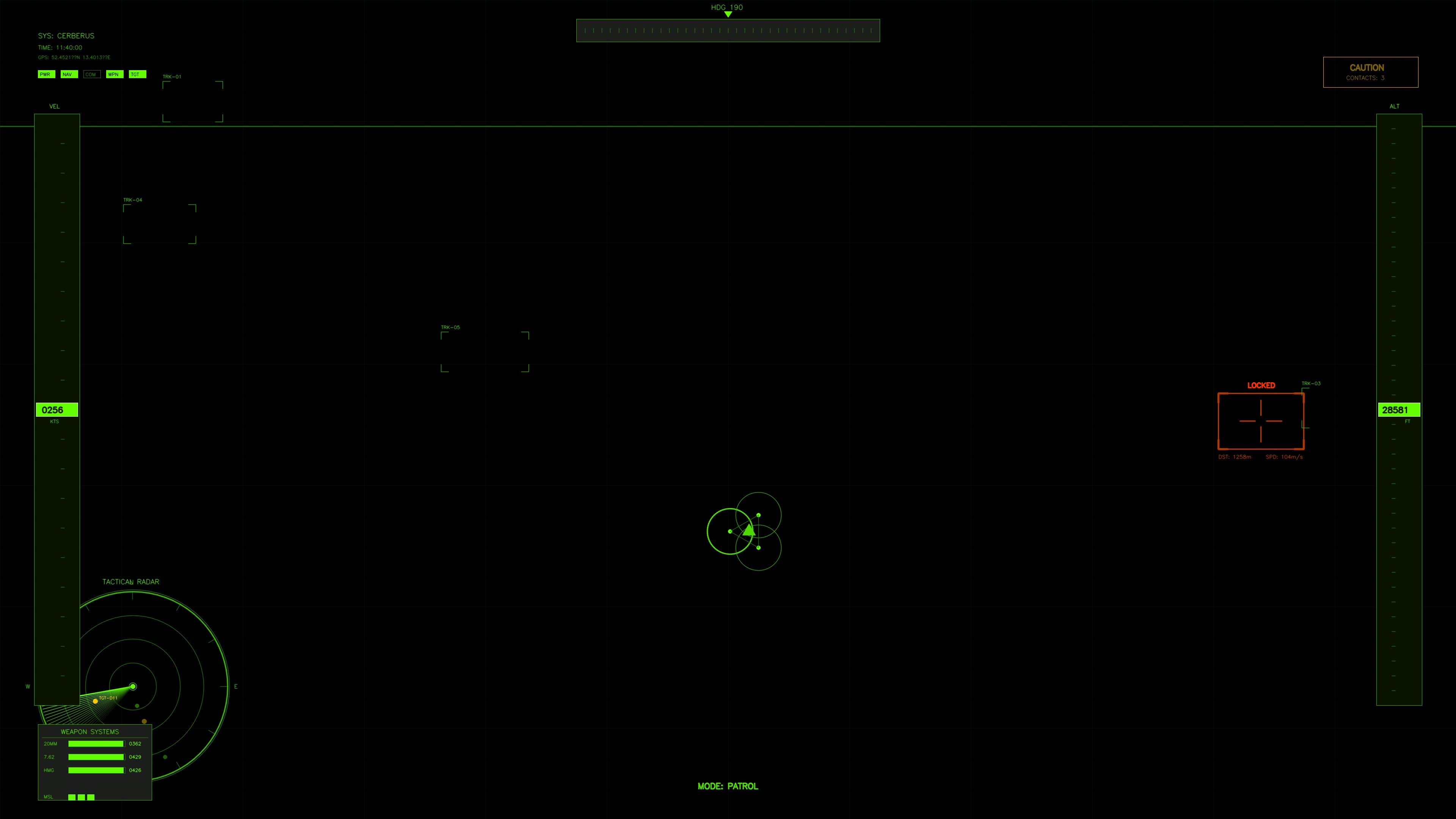 Military cockpit display for science fiction war documentary showing tactical controls and radar elements for mission planning
