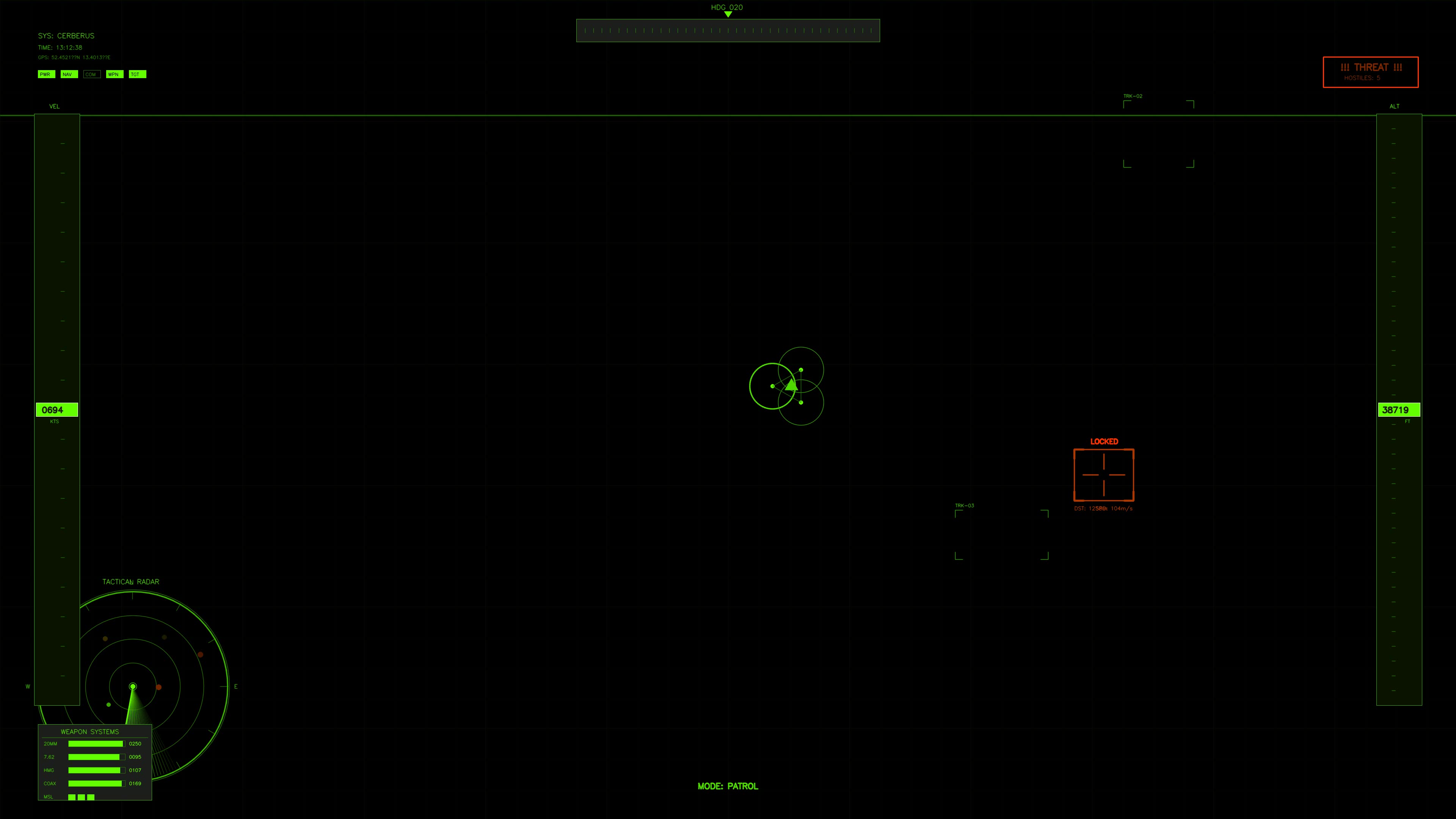 War cockpit display showing tactical data and targeting information for military operations in a science fiction setting