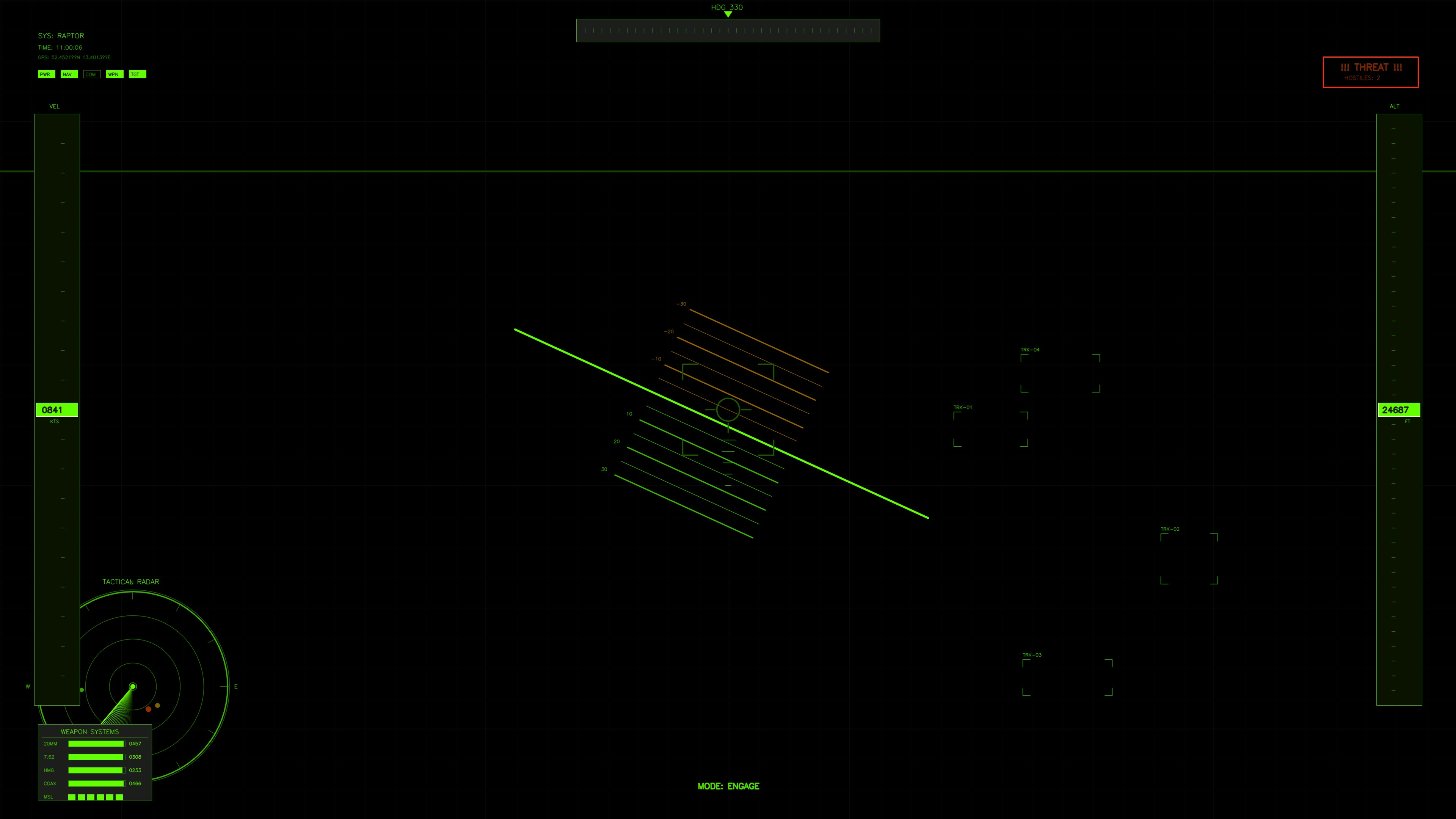Science fiction military cockpit hud element for war documentaries in dark environment showing radar and tactical data display
