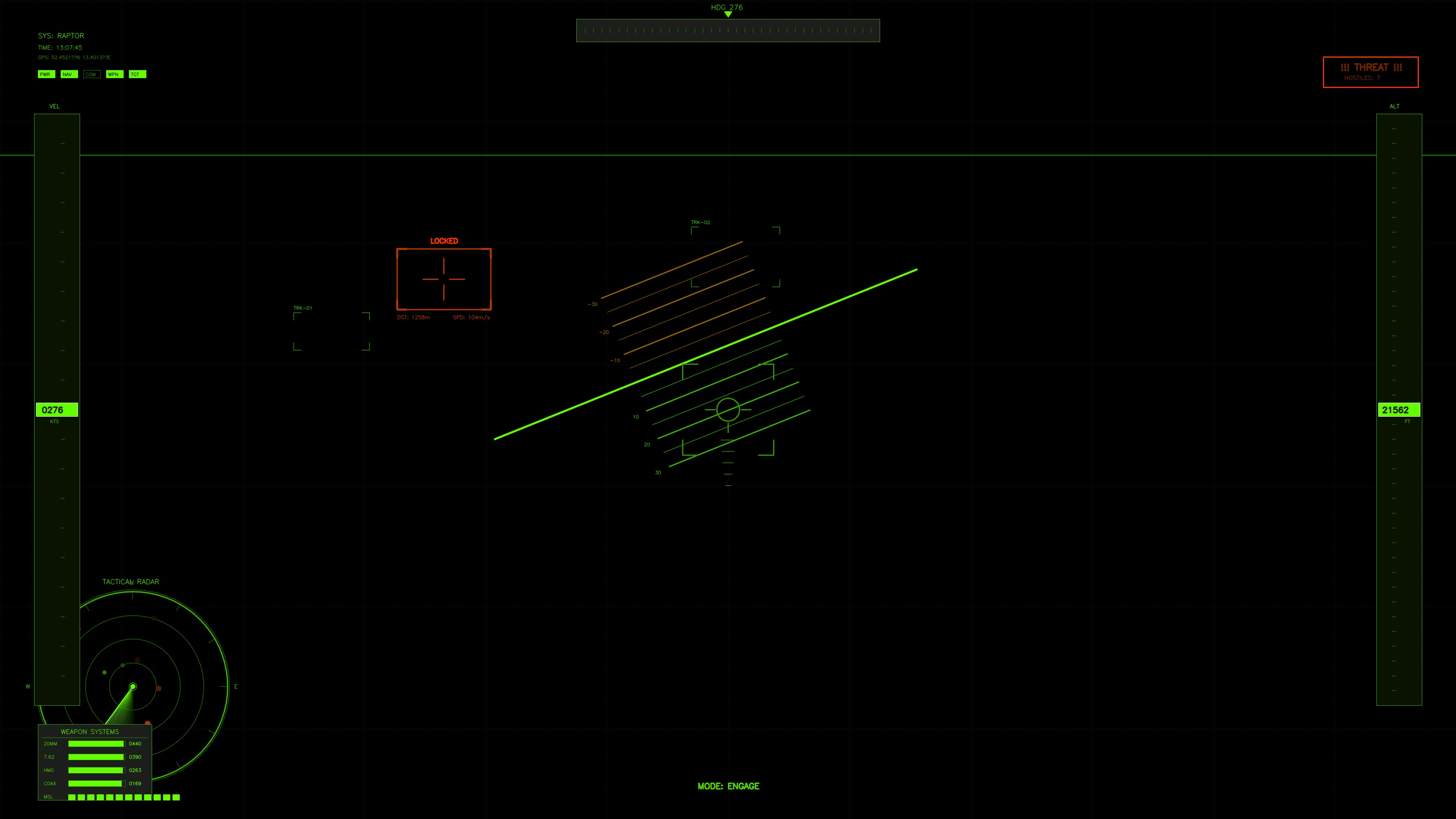 Science fiction military cockpit interface for war documentary video analysis of tactical operations visuals and HUD elements