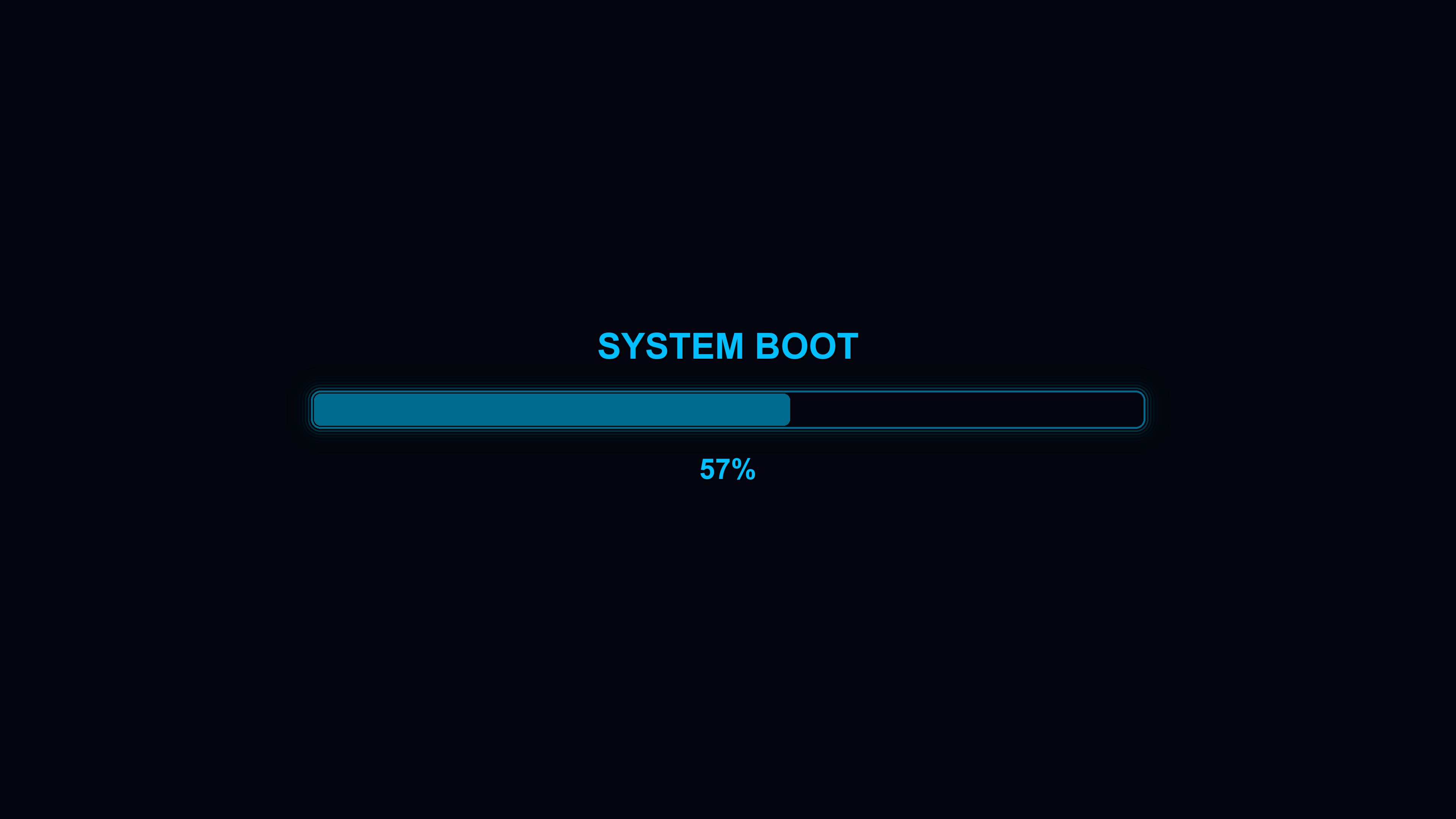 Progressbar animation shows system boot process at 100 percent completion for modern applications and waiting times